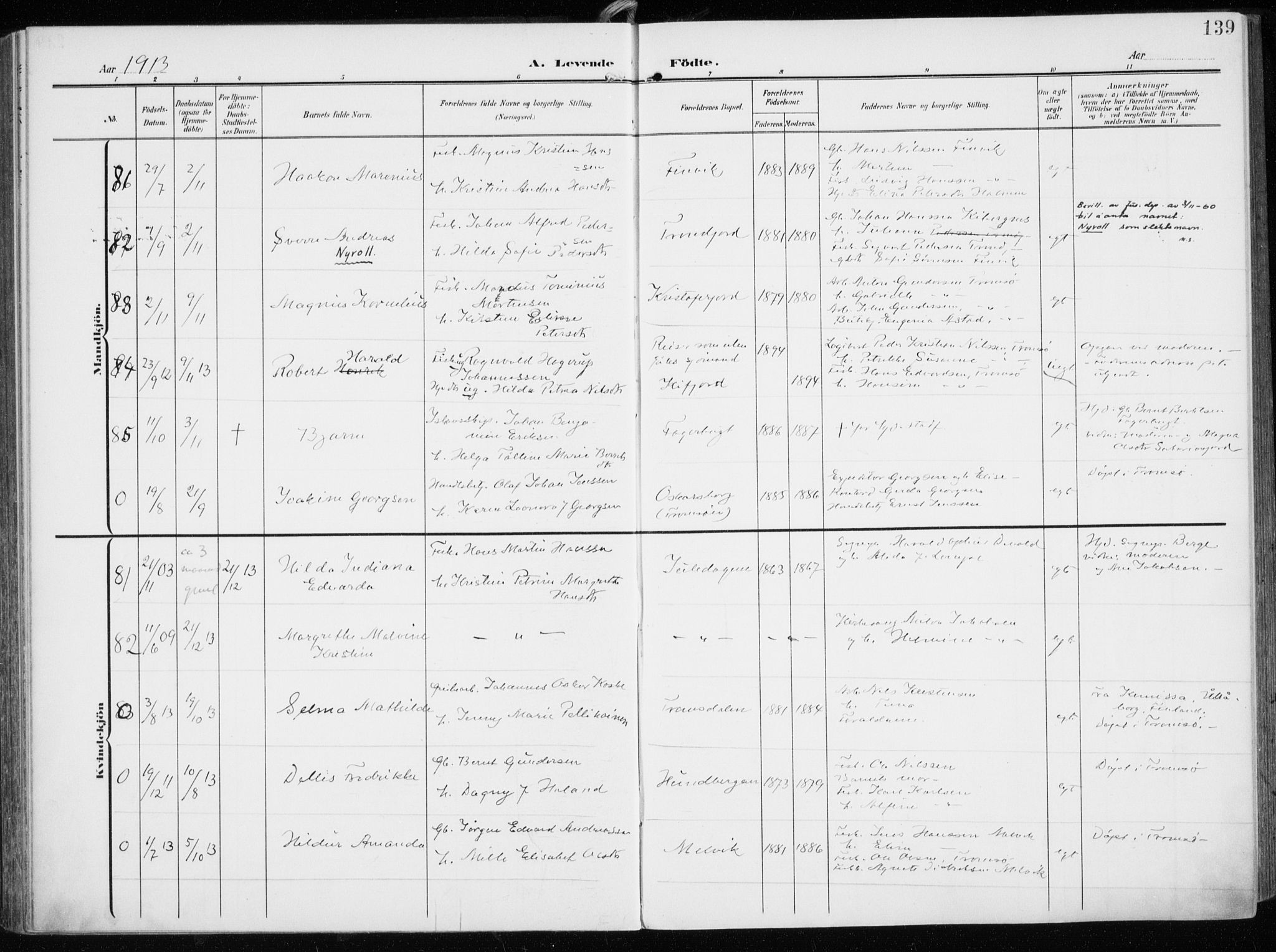 Tromsøysund sokneprestkontor, AV/SATØ-S-1304/G/Ga/L0007kirke: Ministerialbok nr. 7, 1907-1914, s. 139