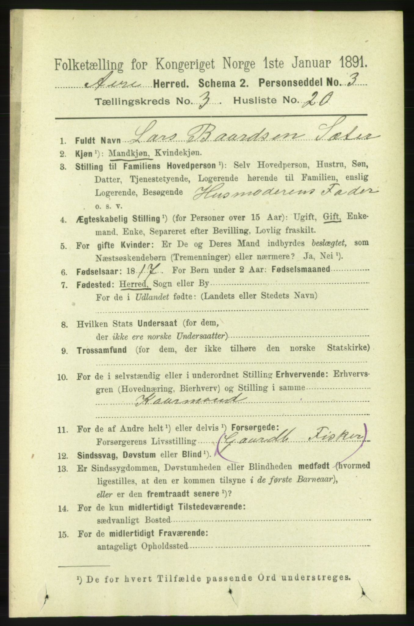 RA, Folketelling 1891 for 1569 Aure herred, 1891, s. 1707