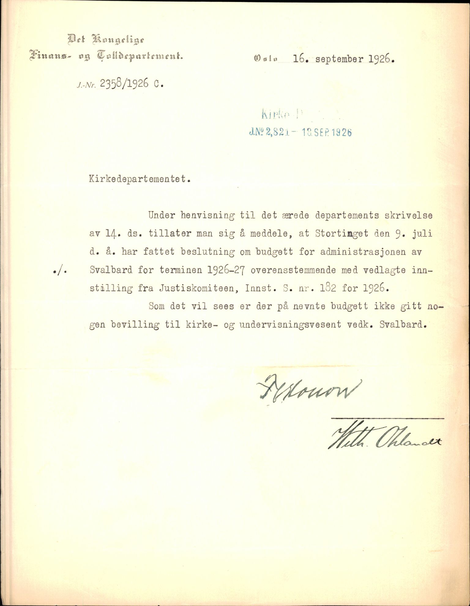 Kirke- og undervisningsdepartementet, Kontoret  for kirke og geistlighet A, AV/RA-S-1007/F/Fa/L0334/0001: -- / Svalbard, 1907-1936, s. 7