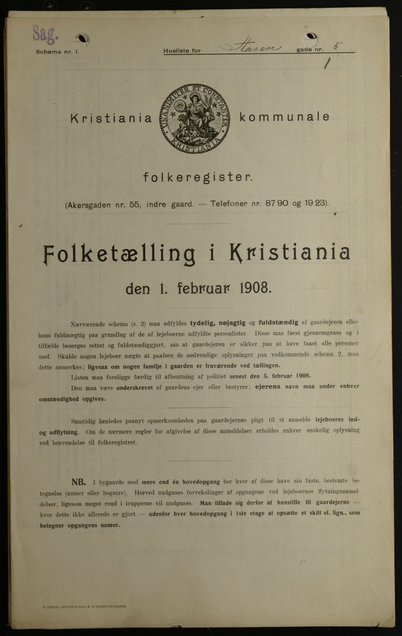 OBA, Kommunal folketelling 1.2.1908 for Kristiania kjøpstad, 1908, s. 117698