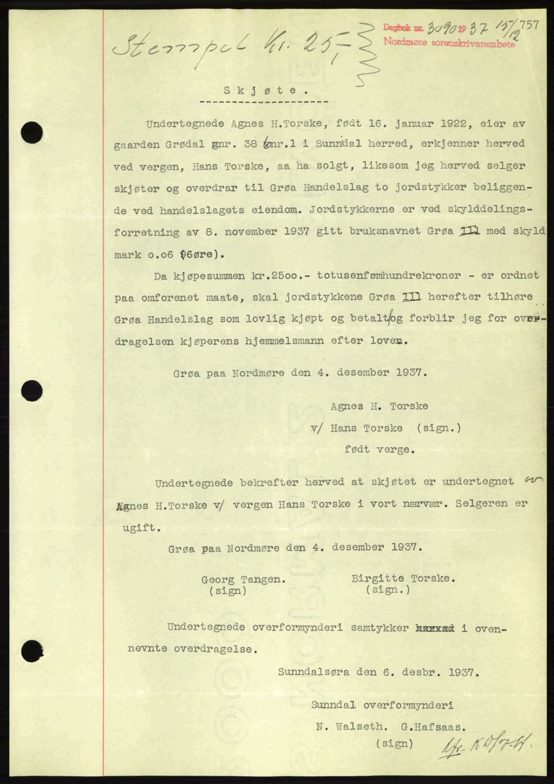 Nordmøre sorenskriveri, SAT/A-4132/1/2/2Ca: Pantebok nr. A82, 1937-1938, Dagboknr: 3090/1937