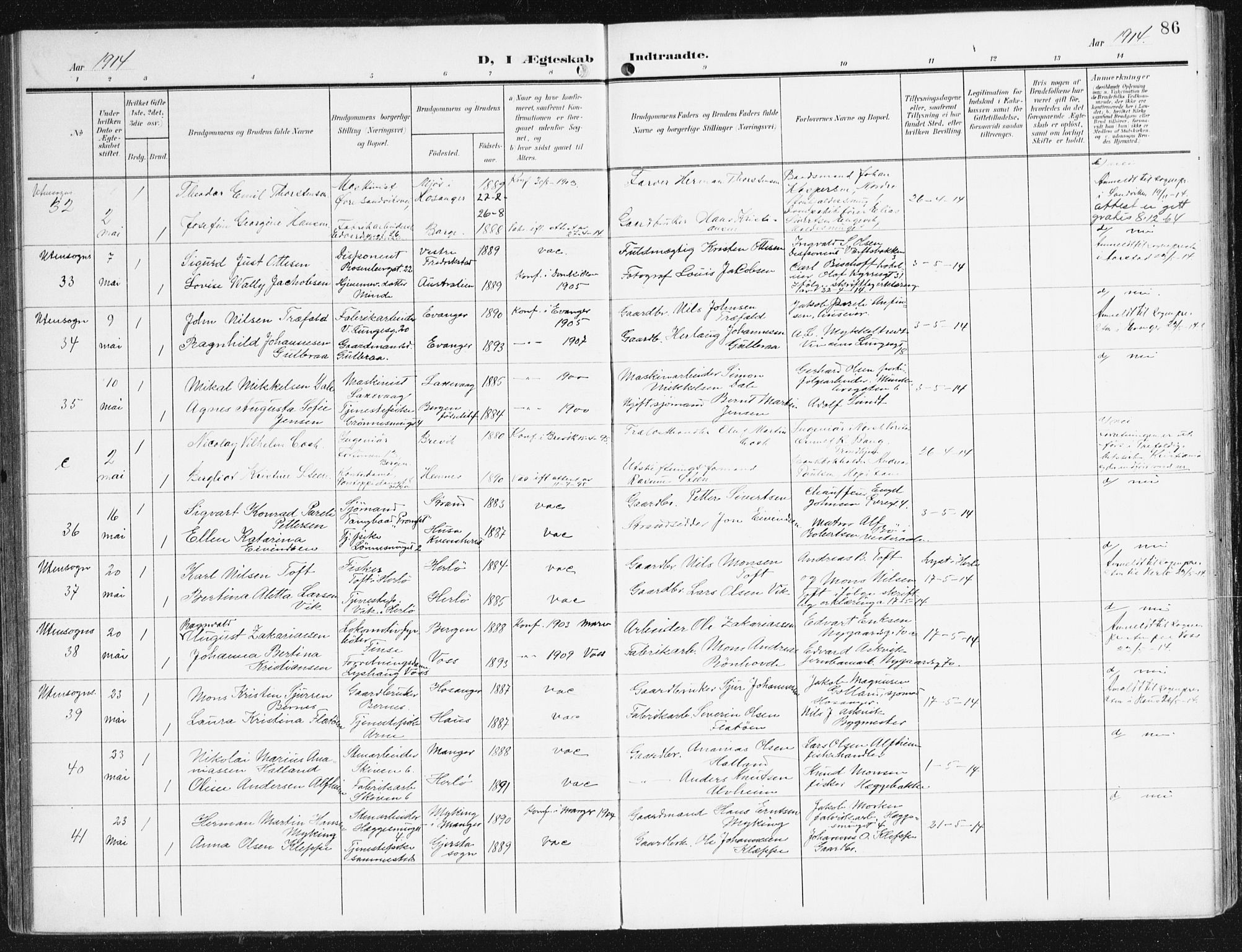 Domkirken sokneprestembete, AV/SAB-A-74801/H/Haa/L0038: Ministerialbok nr. D 5, 1906-1921, s. 86