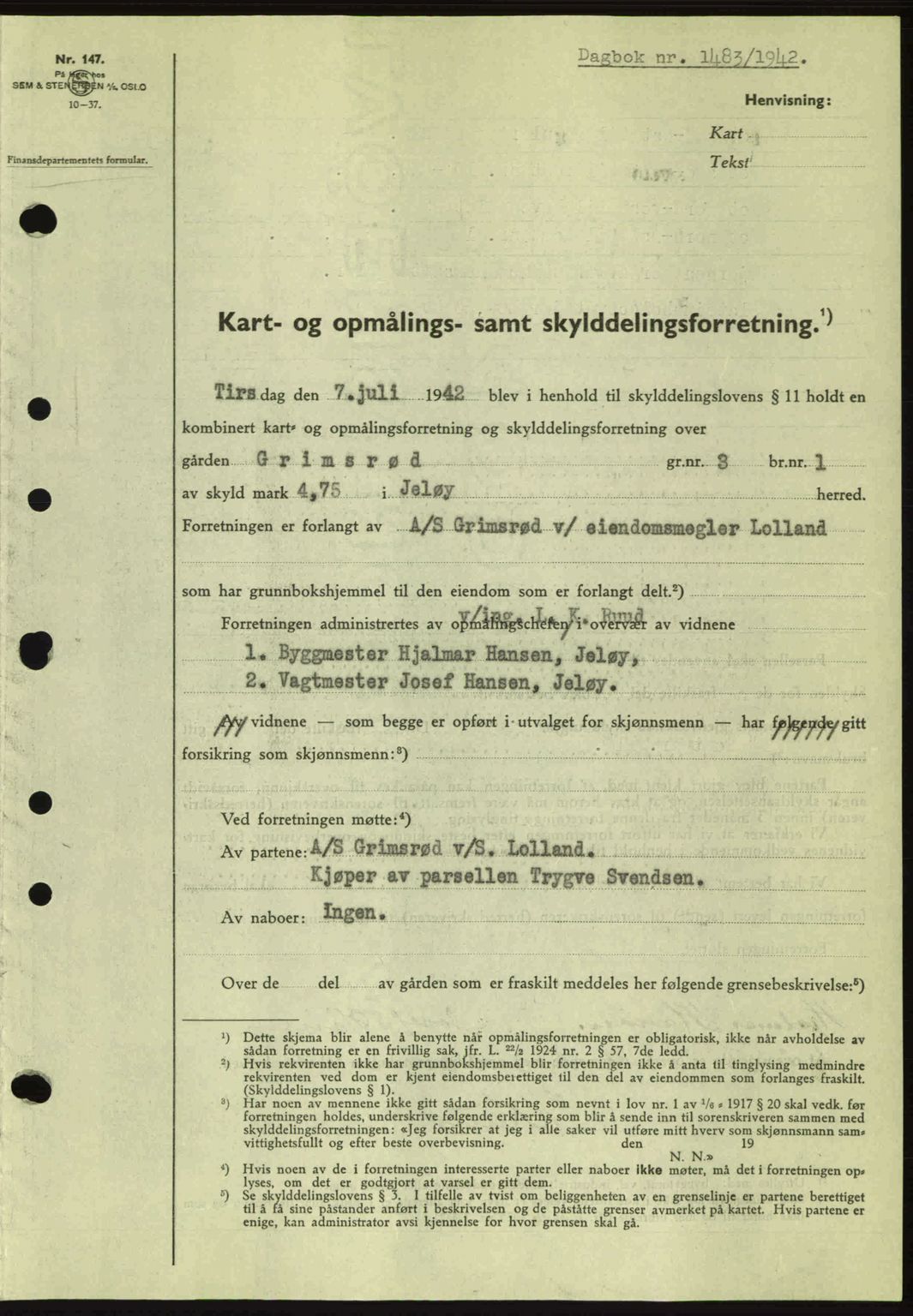 Moss sorenskriveri, SAO/A-10168: Pantebok nr. A10, 1942-1943, Dagboknr: 1483/1942