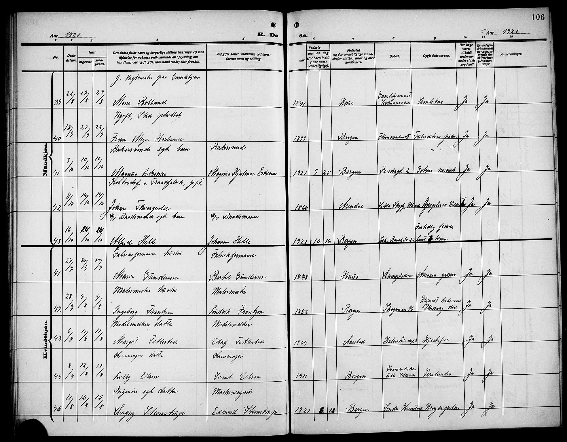 Årstad Sokneprestembete, AV/SAB-A-79301/H/Hab/L0024: Klokkerbok nr. D 1, 1915-1922, s. 106