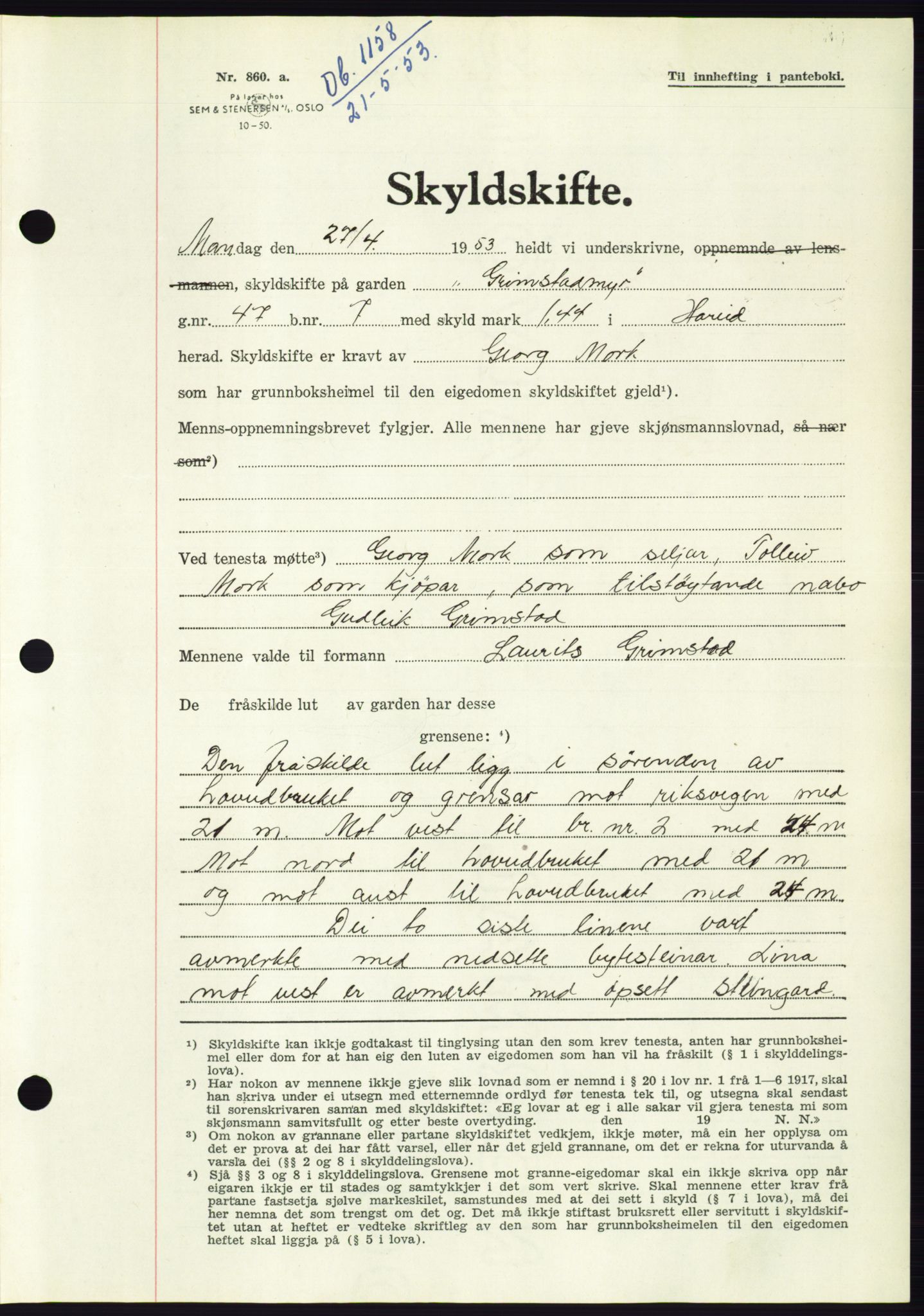 Søre Sunnmøre sorenskriveri, AV/SAT-A-4122/1/2/2C/L0095: Pantebok nr. 21A, 1953-1953, Dagboknr: 1158/1953