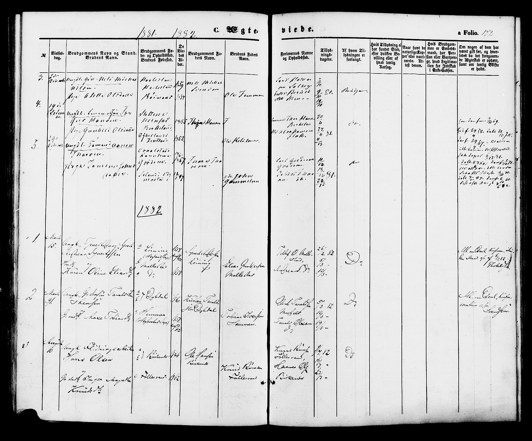 Birkenes sokneprestkontor, SAK/1111-0004/F/Fa/L0004: Ministerialbok nr. A 4, 1867-1886, s. 172