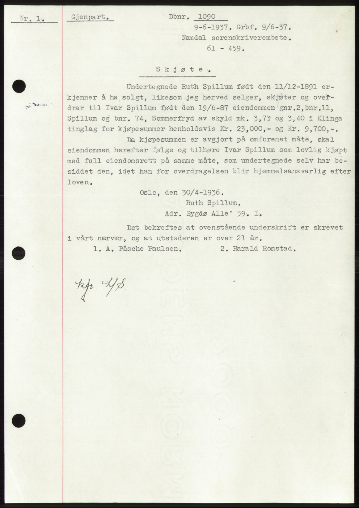 Namdal sorenskriveri, SAT/A-4133/1/2/2C: Pantebok nr. -, 1937-1939, Tingl.dato: 09.06.1937