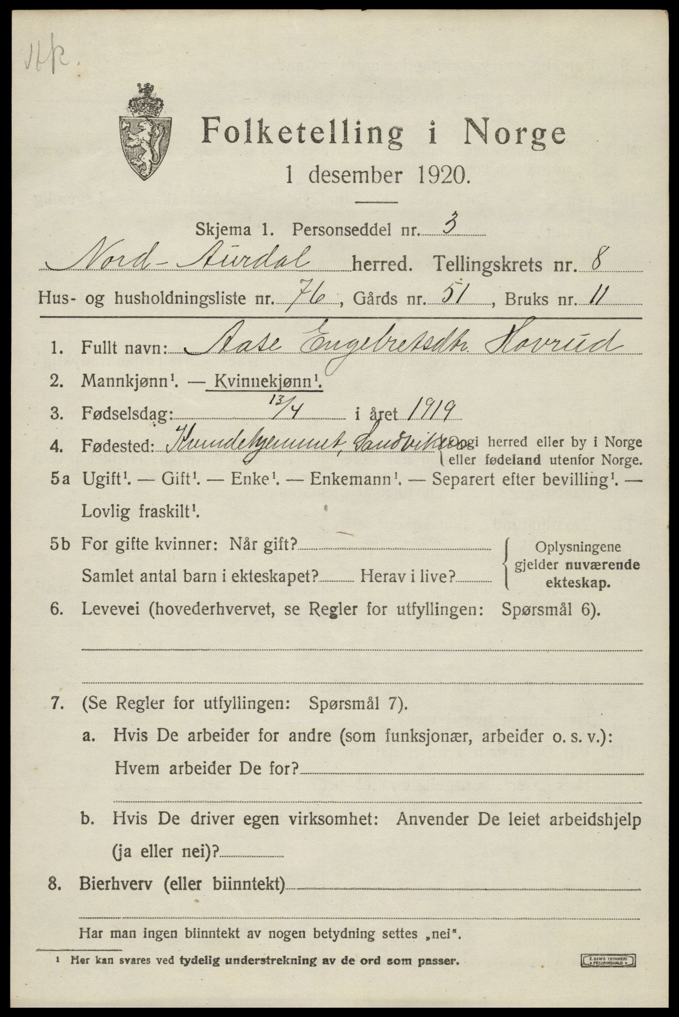 SAH, Folketelling 1920 for 0542 Nord-Aurdal herred, 1920, s. 7538