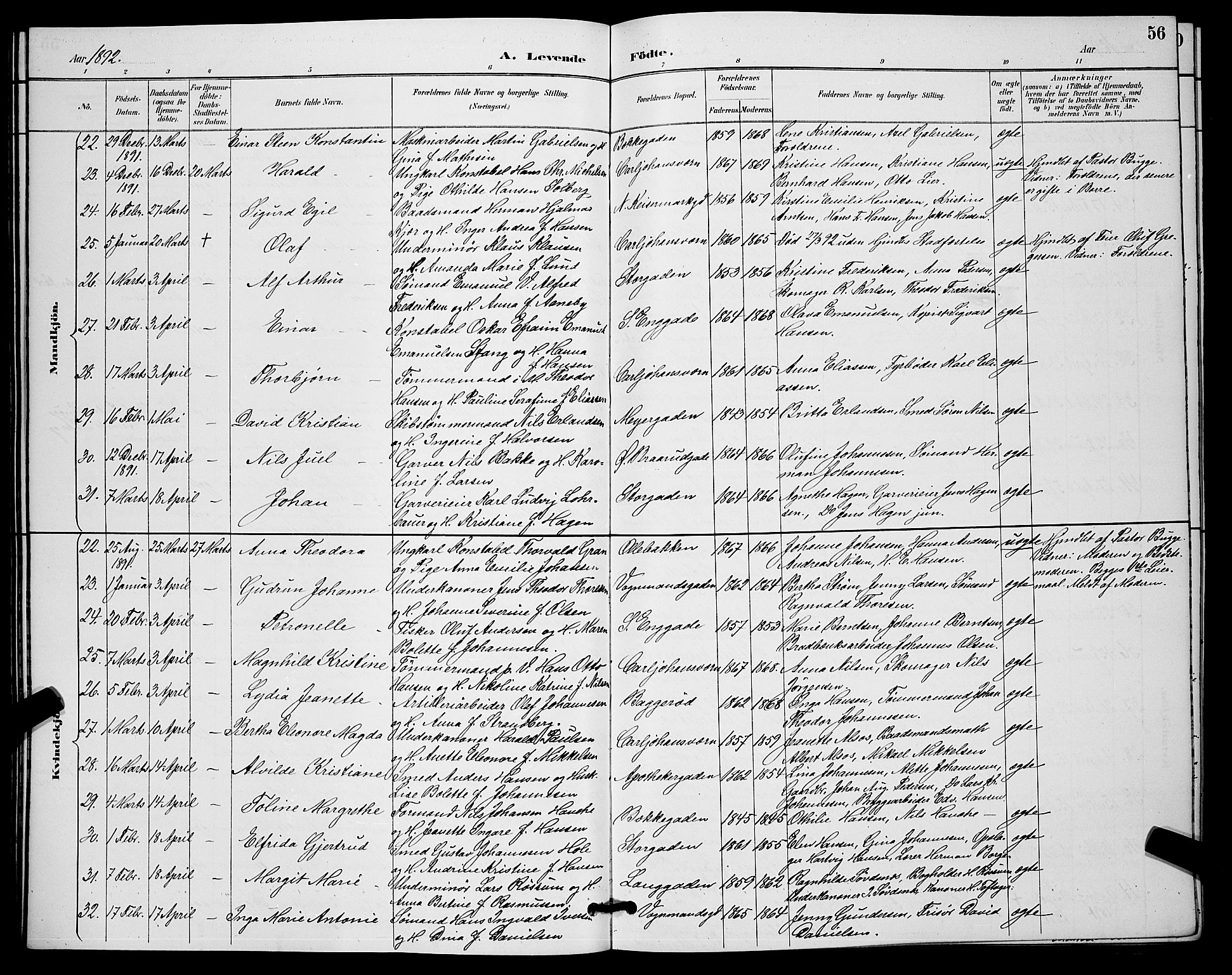 Horten kirkebøker, AV/SAKO-A-348/G/Ga/L0005: Klokkerbok nr. 5, 1888-1895, s. 56