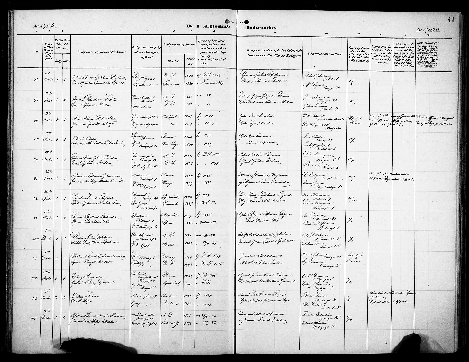 Sandviken Sokneprestembete, AV/SAB-A-77601/H/Hb/L0014: Klokkerbok nr. D 1, 1902-1929, s. 41