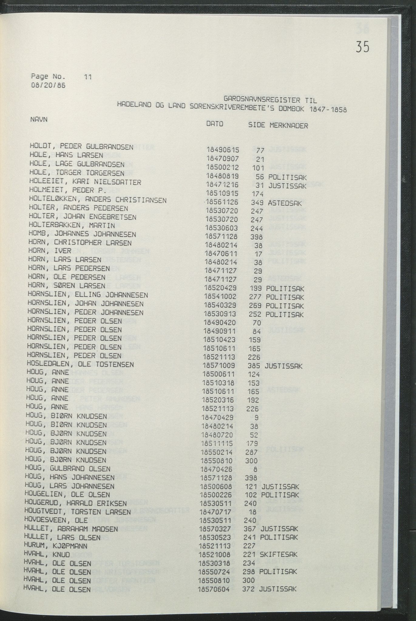 Statsarkivet i Hamar, AV/SAH-SAH-001/H/Hb/L0001/0004: Egne registre og hjelpemidler / Register  til Hadeland og Land sorenskriveri dombok 1 (1847 - 1858), 1847-1858, s. 35