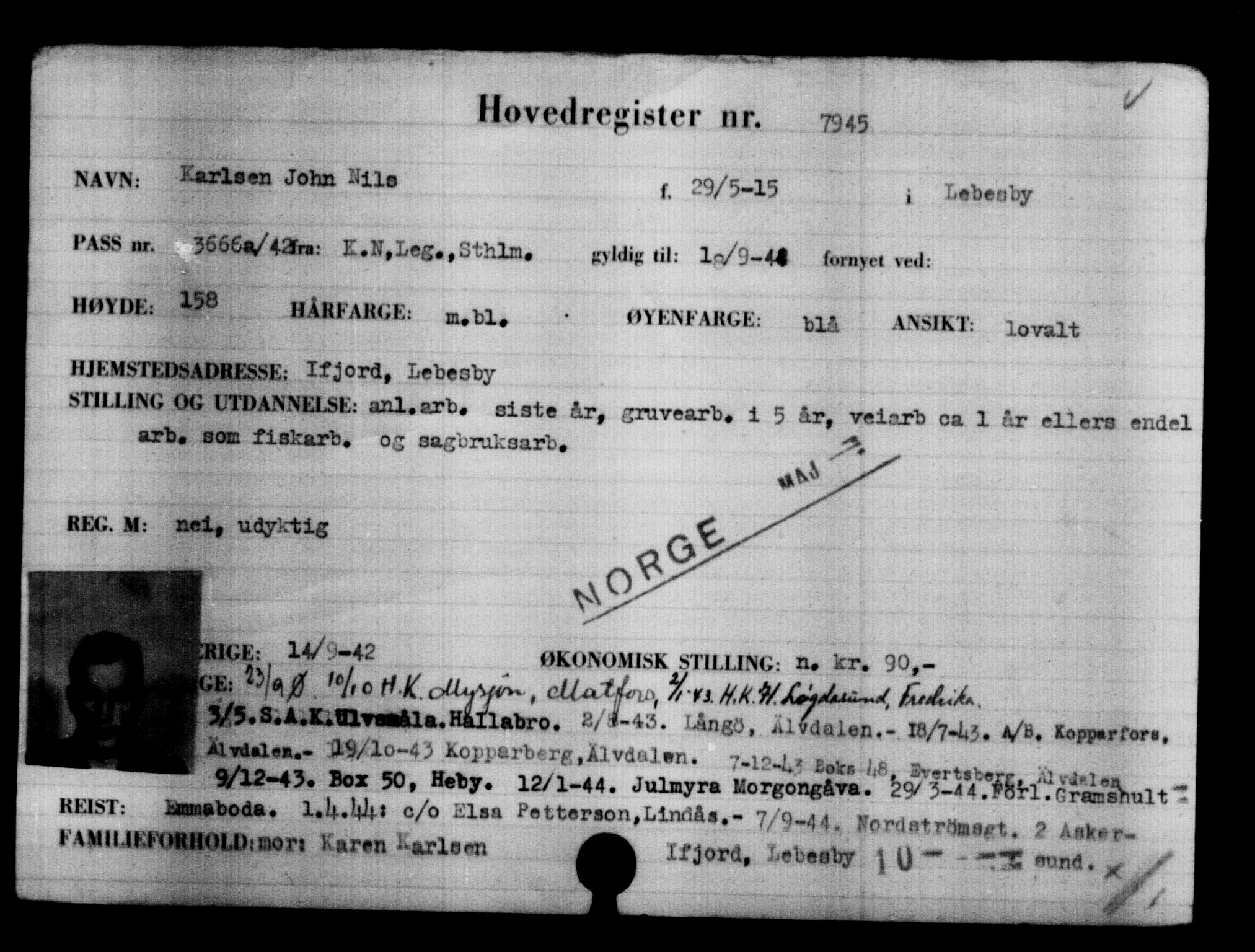 Utenriksstasjonene, Legasjonen i Stockholm, Flyktningkontoret, AV/RA-S-6753/V/Va/L0005: Kjesäterkartoteket, flyktninger med registreringsnr. 6600-9417, 1940-1945, s. 1572