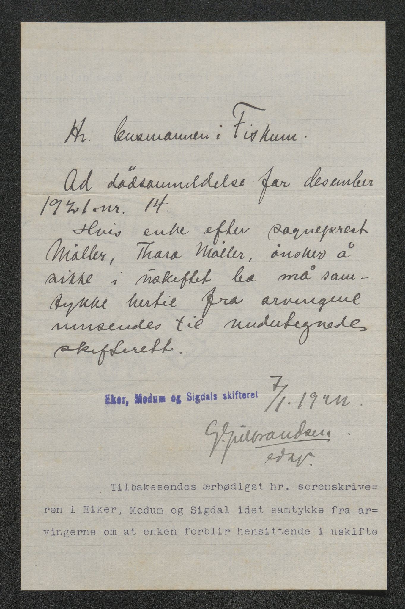 Eiker, Modum og Sigdal sorenskriveri, SAKO/A-123/H/Ha/Hab/L0040: Dødsfallsmeldinger, 1920-1921, s. 780
