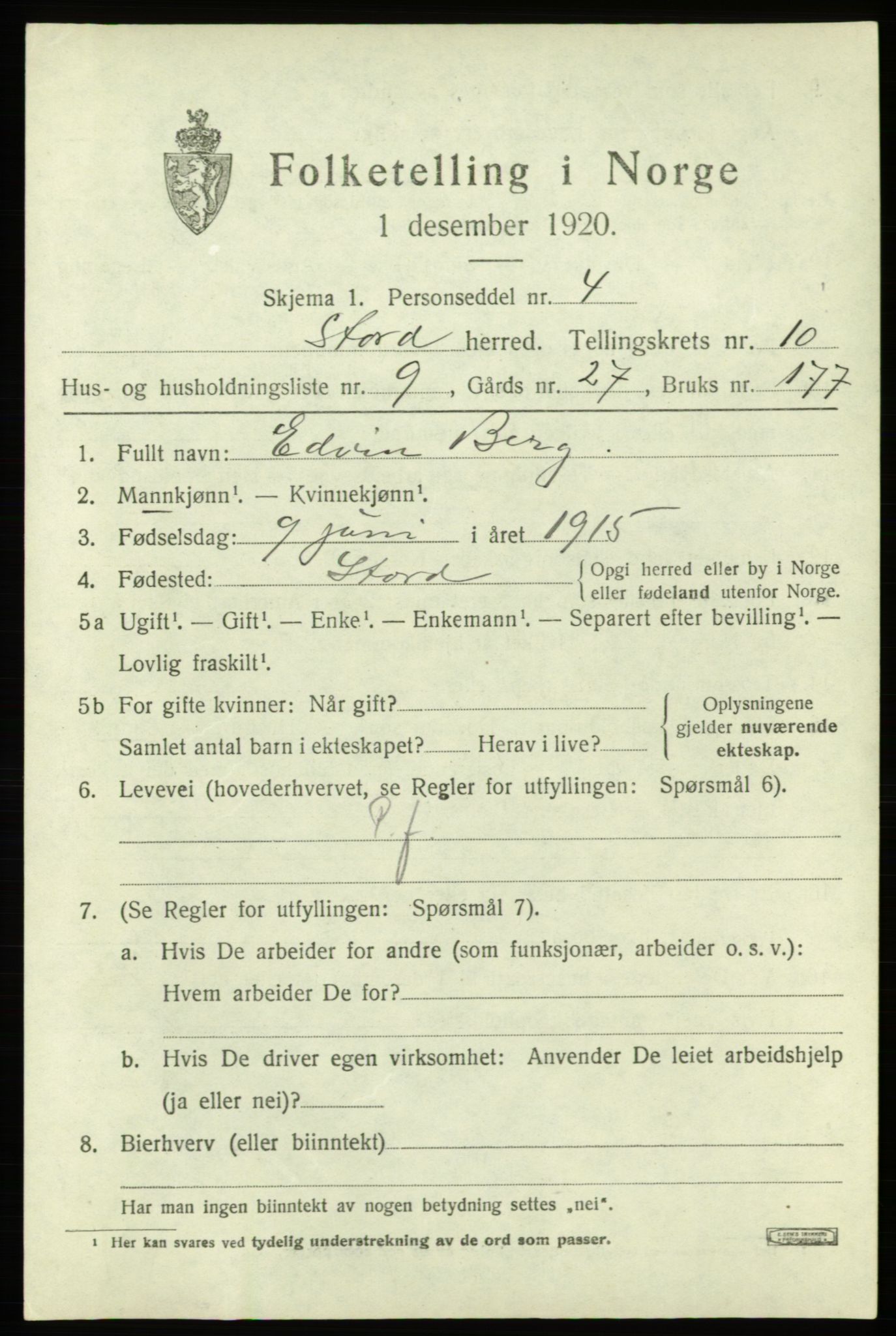 SAB, Folketelling 1920 for 1221 Stord herred, 1920, s. 5545