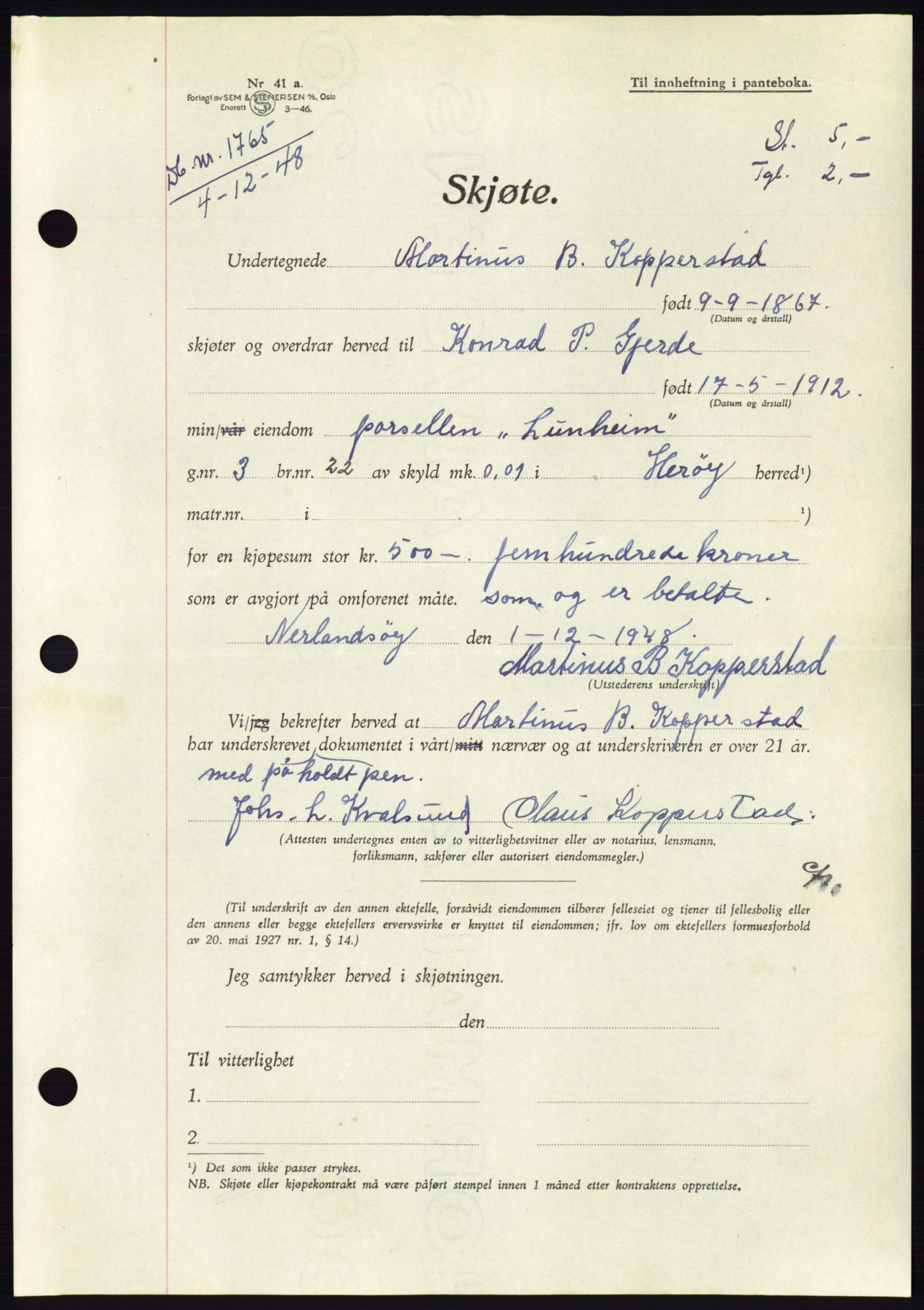 Søre Sunnmøre sorenskriveri, AV/SAT-A-4122/1/2/2C/L0083: Pantebok nr. 9A, 1948-1949, Dagboknr: 1765/1948