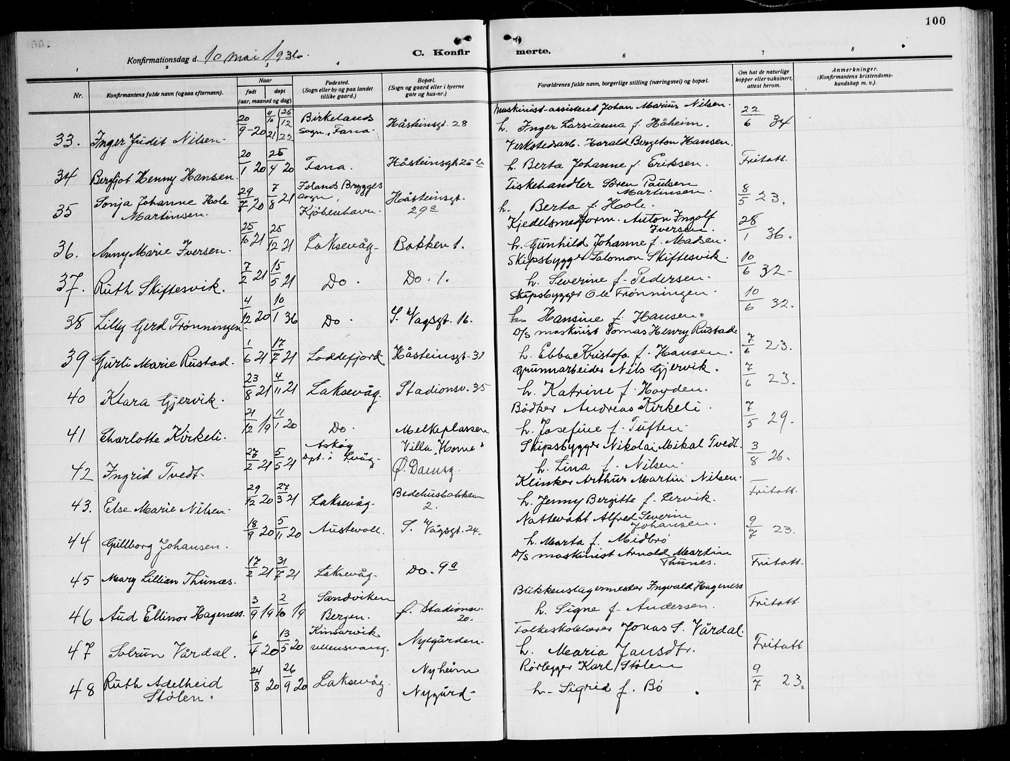 Laksevåg Sokneprestembete, AV/SAB-A-76501/H/Ha/Hab/Haba: Klokkerbok nr. A 10, 1925-1942, s. 100
