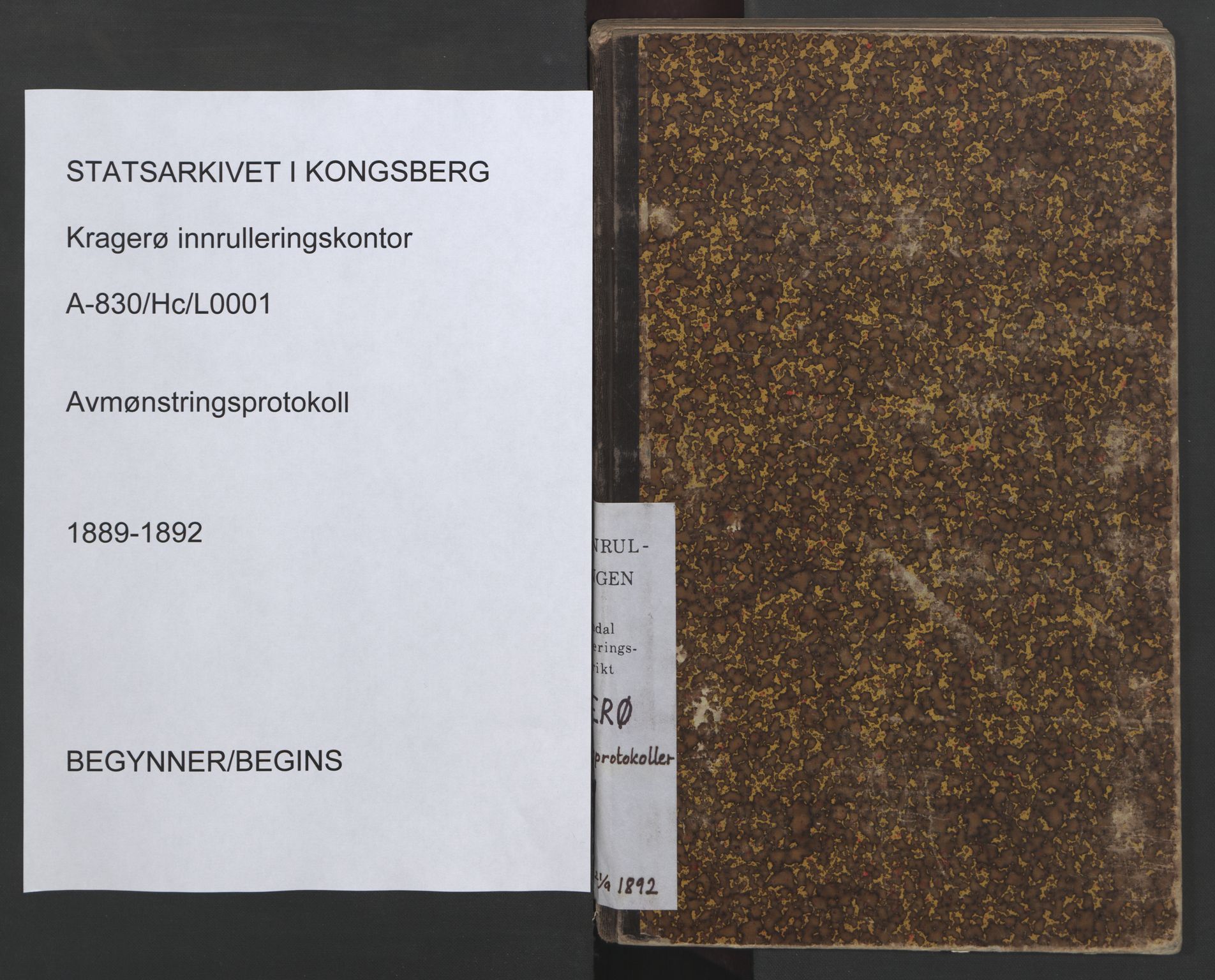 Kragerø innrulleringskontor, SAKO/A-830/H/Hc/L0001: Avmønstringsprotokoll, 1889-1892, s. 1