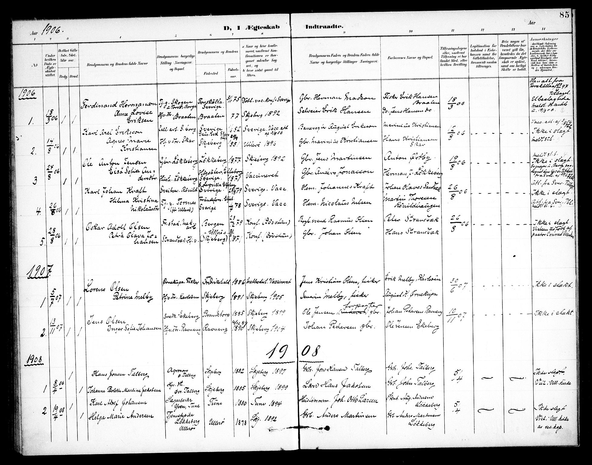 Skjeberg prestekontor Kirkebøker, AV/SAO-A-10923/F/Fb/L0002: Ministerialbok nr. II 2, 1895-1910, s. 85
