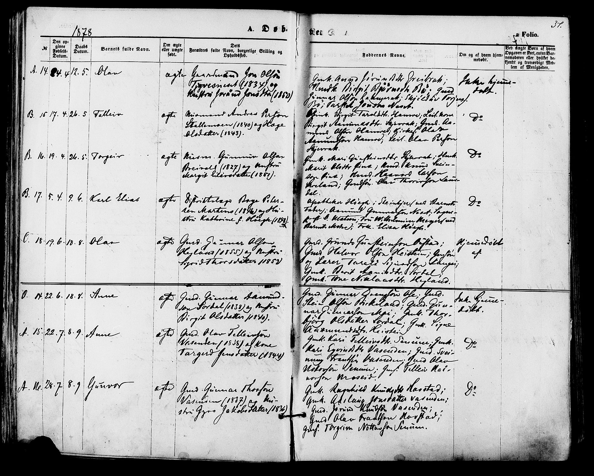 Bygland sokneprestkontor, AV/SAK-1111-0006/F/Fa/Fab/L0006: Ministerialbok nr. A 6, 1873-1884, s. 37