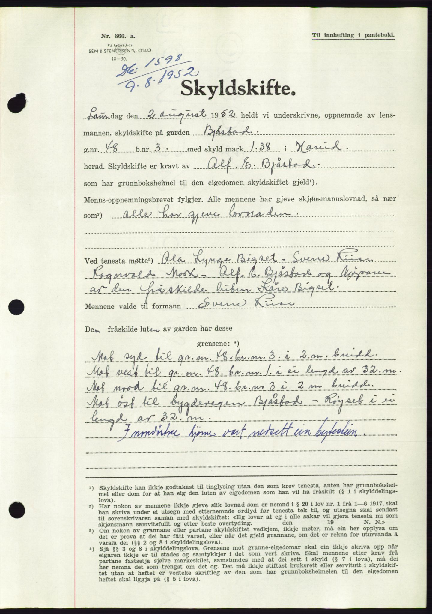 Søre Sunnmøre sorenskriveri, AV/SAT-A-4122/1/2/2C/L0092: Pantebok nr. 18A, 1952-1952, Dagboknr: 1598/1952