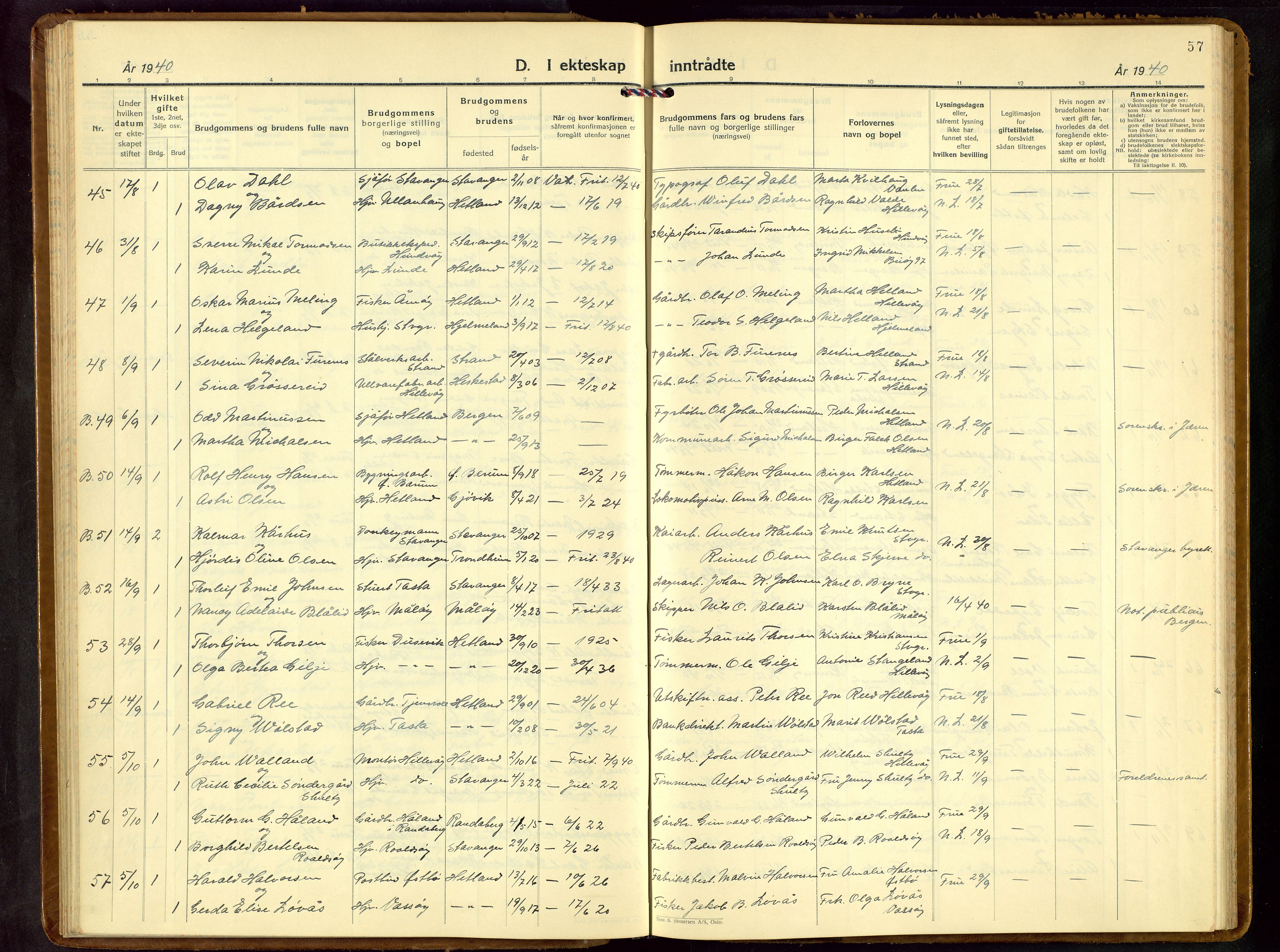 Hetland sokneprestkontor, AV/SAST-A-101826/30/30BB/L0013: Klokkerbok nr. B 13, 1931-1952, s. 57