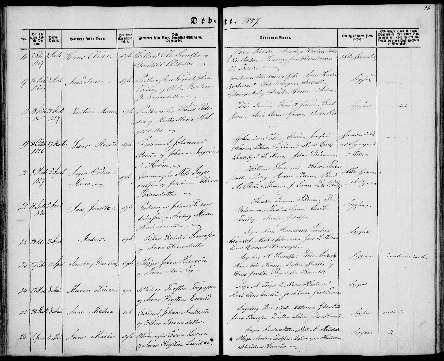 Brevik kirkebøker, AV/SAKO-A-255/F/Fa/L0005: Ministerialbok nr. 5, 1847-1865, s. 56