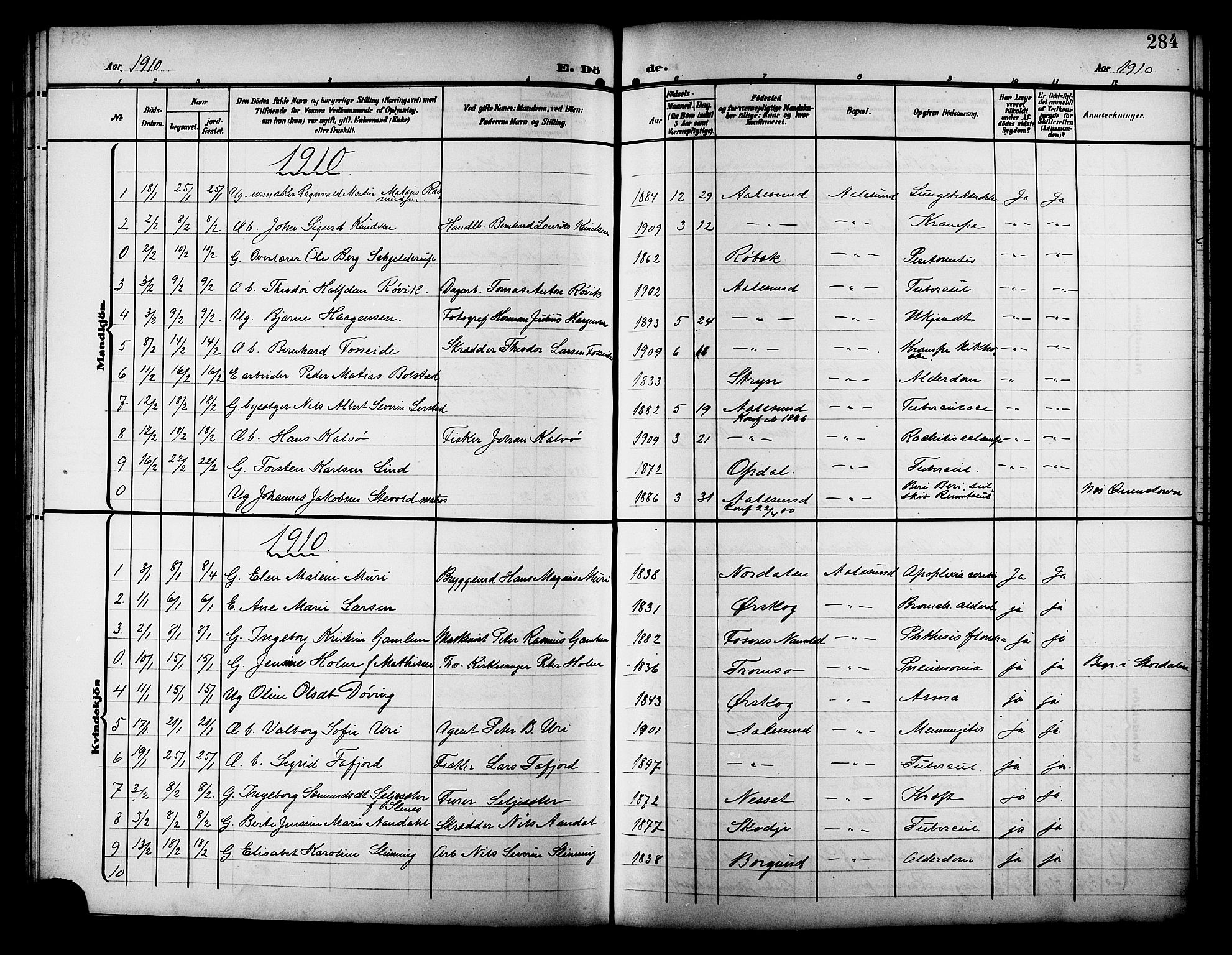 Ministerialprotokoller, klokkerbøker og fødselsregistre - Møre og Romsdal, SAT/A-1454/529/L0470: Klokkerbok nr. 529C07, 1907-1917, s. 284