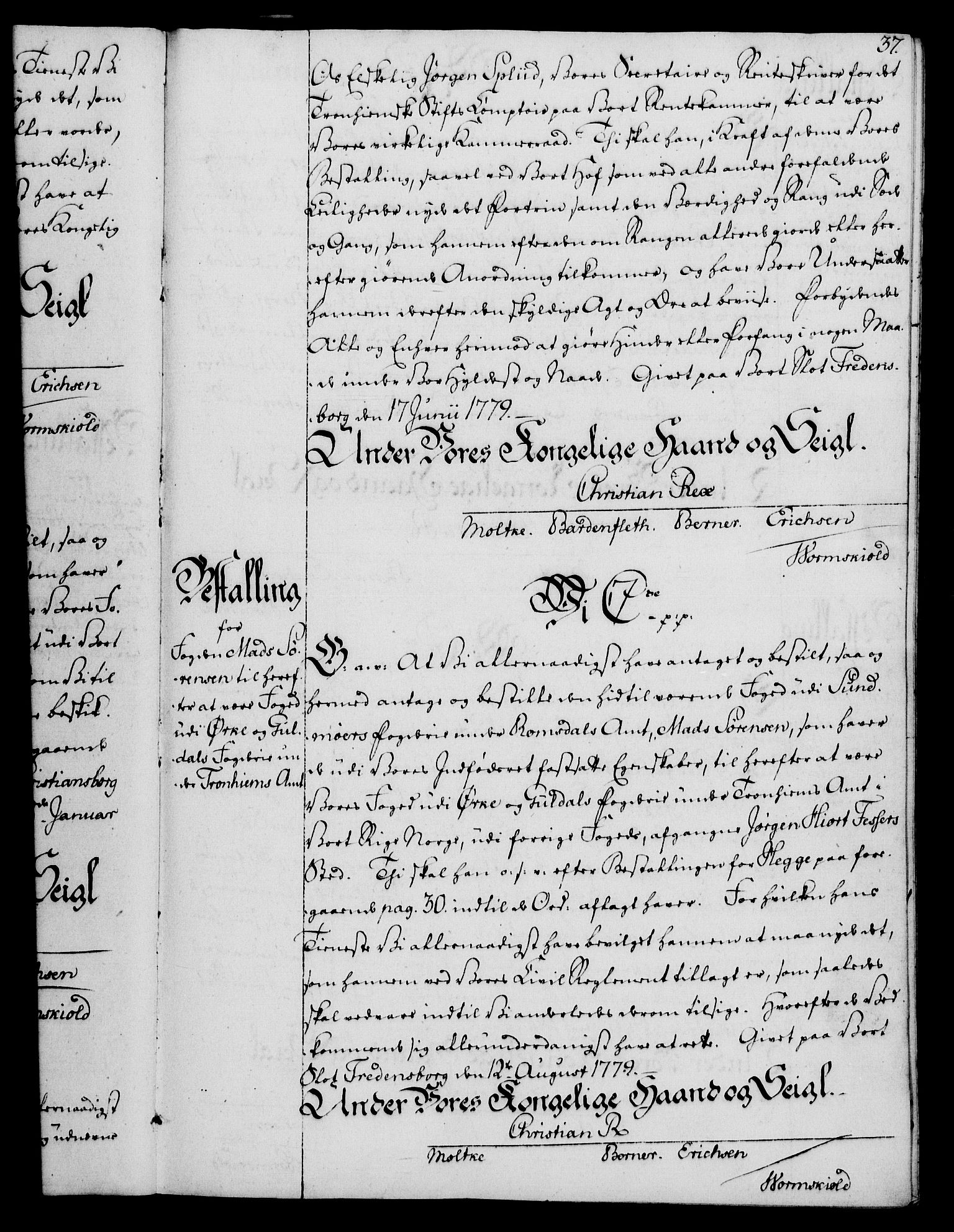 Rentekammeret, Kammerkanselliet, RA/EA-3111/G/Gg/Gge/L0006: Norsk bestallingsprotokoll med register (merket RK 53.30), 1773-1814, s. 37