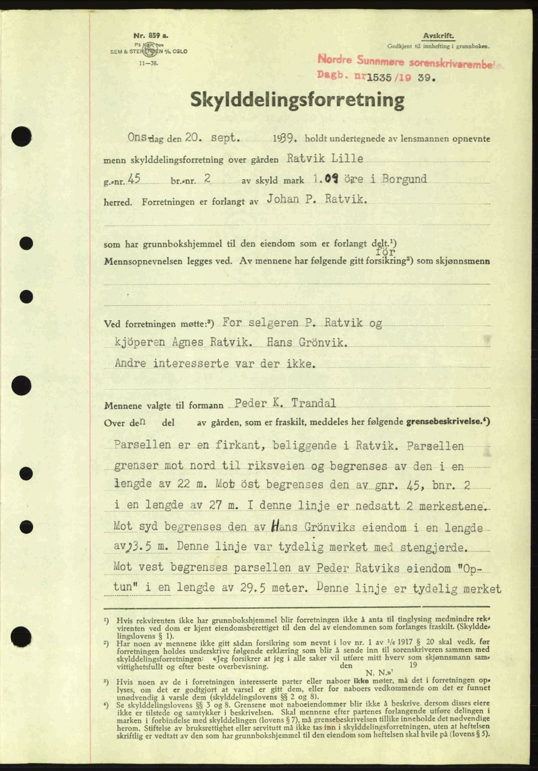 Nordre Sunnmøre sorenskriveri, SAT/A-0006/1/2/2C/2Ca: Pantebok nr. A7, 1939-1939, Dagboknr: 1535/1939