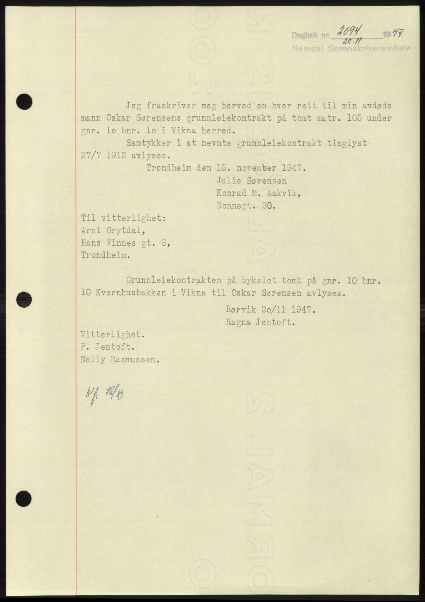 Namdal sorenskriveri, SAT/A-4133/1/2/2C: Pantebok nr. -, 1947-1948, Dagboknr: 2594/1947