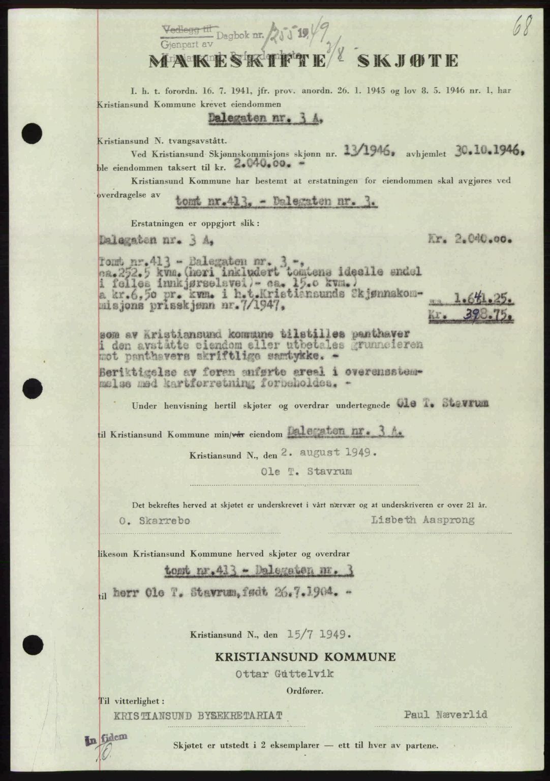 Kristiansund byfogd, AV/SAT-A-4587/A/27: Pantebok nr. 46, 1949-1950, Dagboknr: 1255/1949