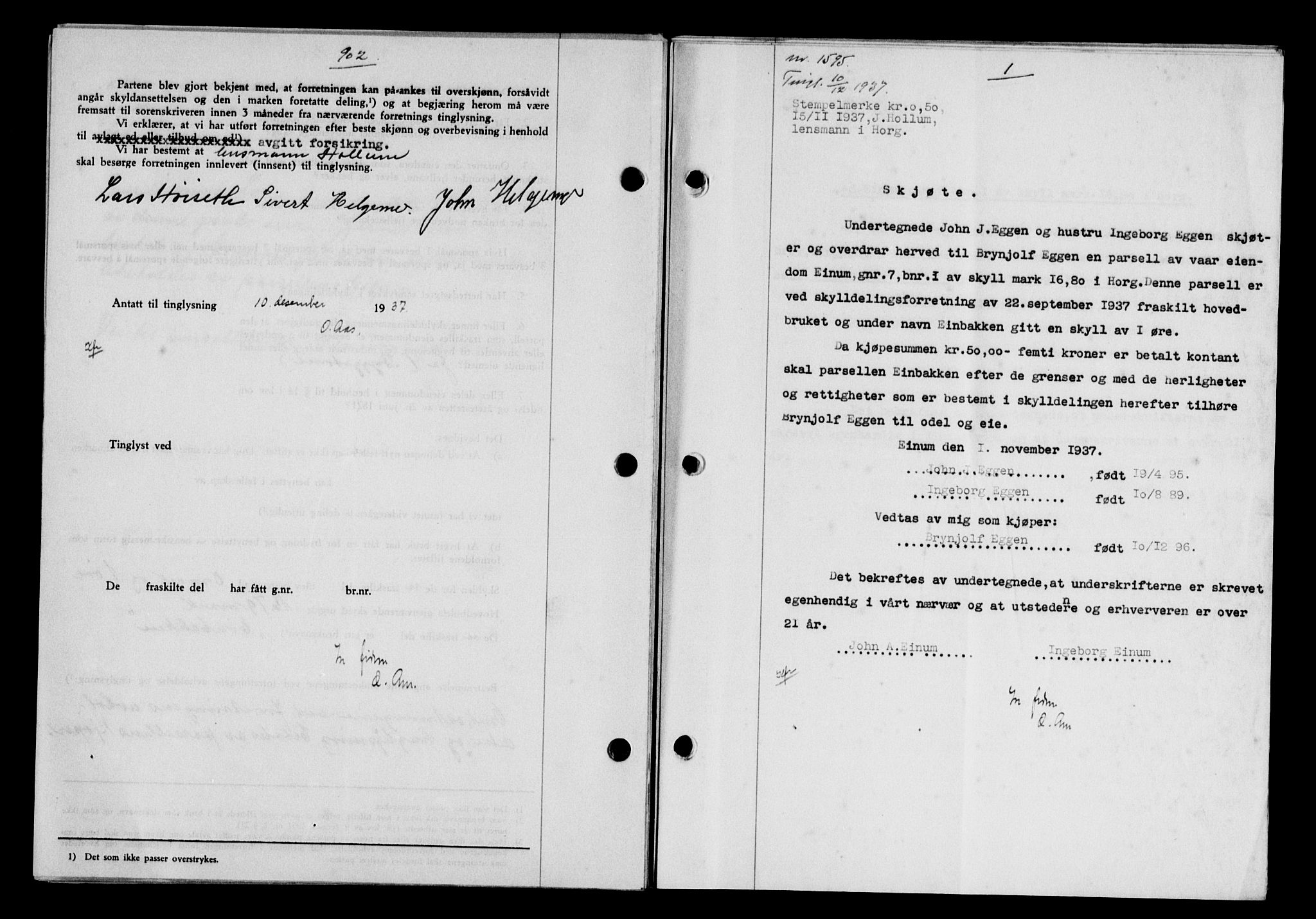Gauldal sorenskriveri, SAT/A-0014/1/2/2C/L0048: Pantebok nr. 51-52, 1937-1938, s. 902, Dagboknr: 1595/1937