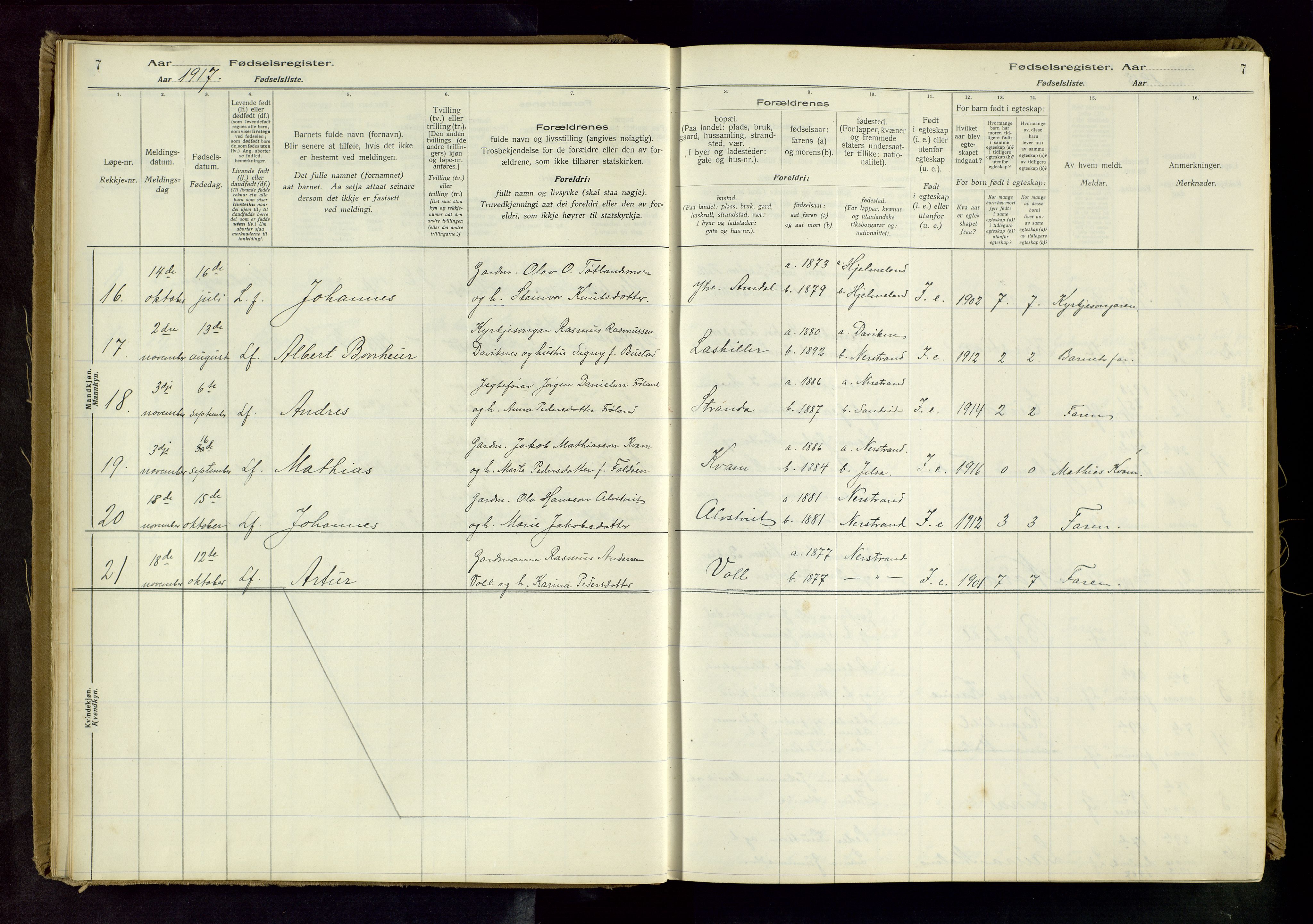 Nedstrand sokneprestkontor, SAST/A-101841/03/C/L0001: Fødselsregister nr. 1, 1916-1981, s. 7