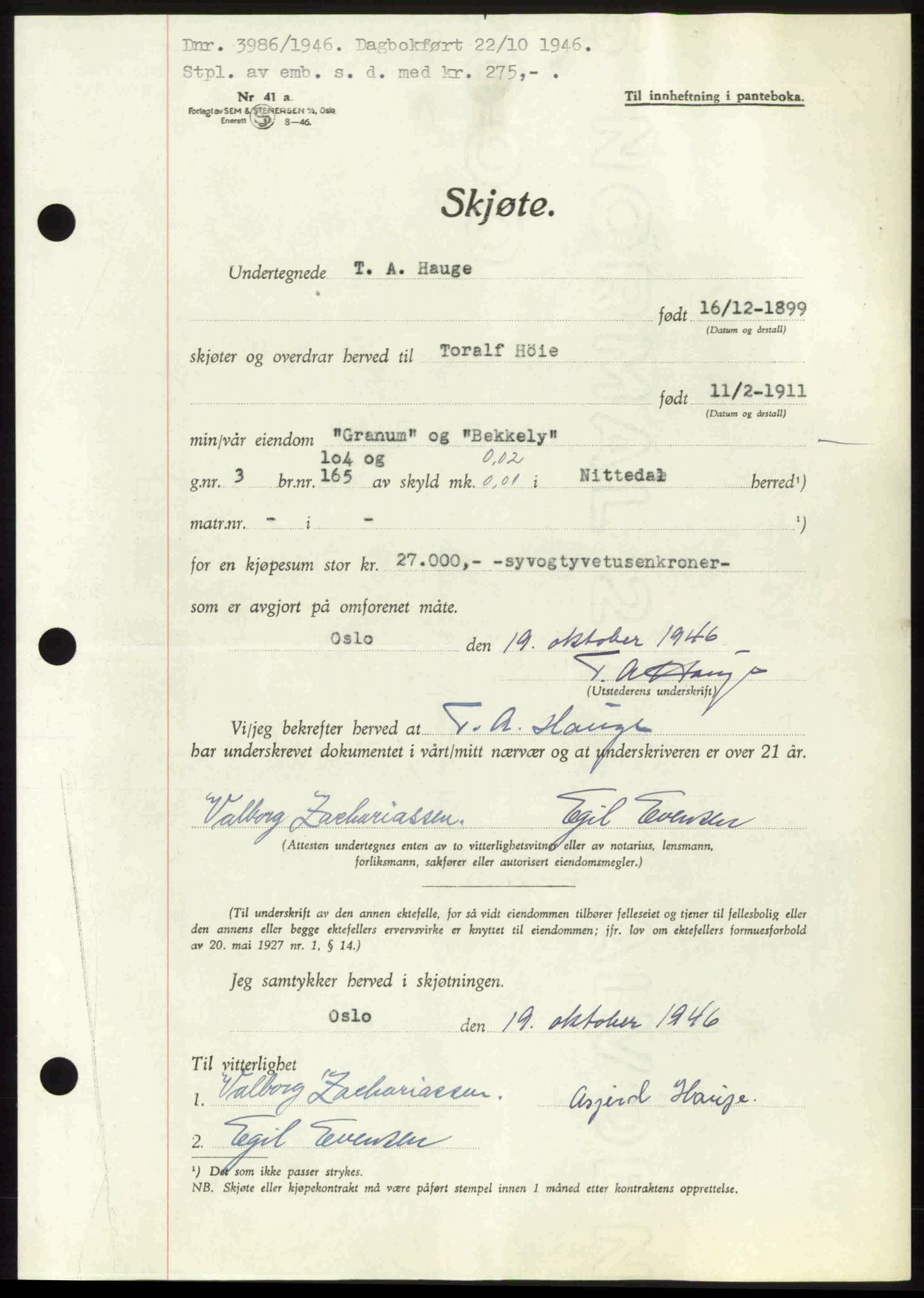 Nedre Romerike sorenskriveri, AV/SAO-A-10469/G/Gb/Gbd/L0017: Pantebok nr. 17, 1946-1946, Dagboknr: 3986/1946