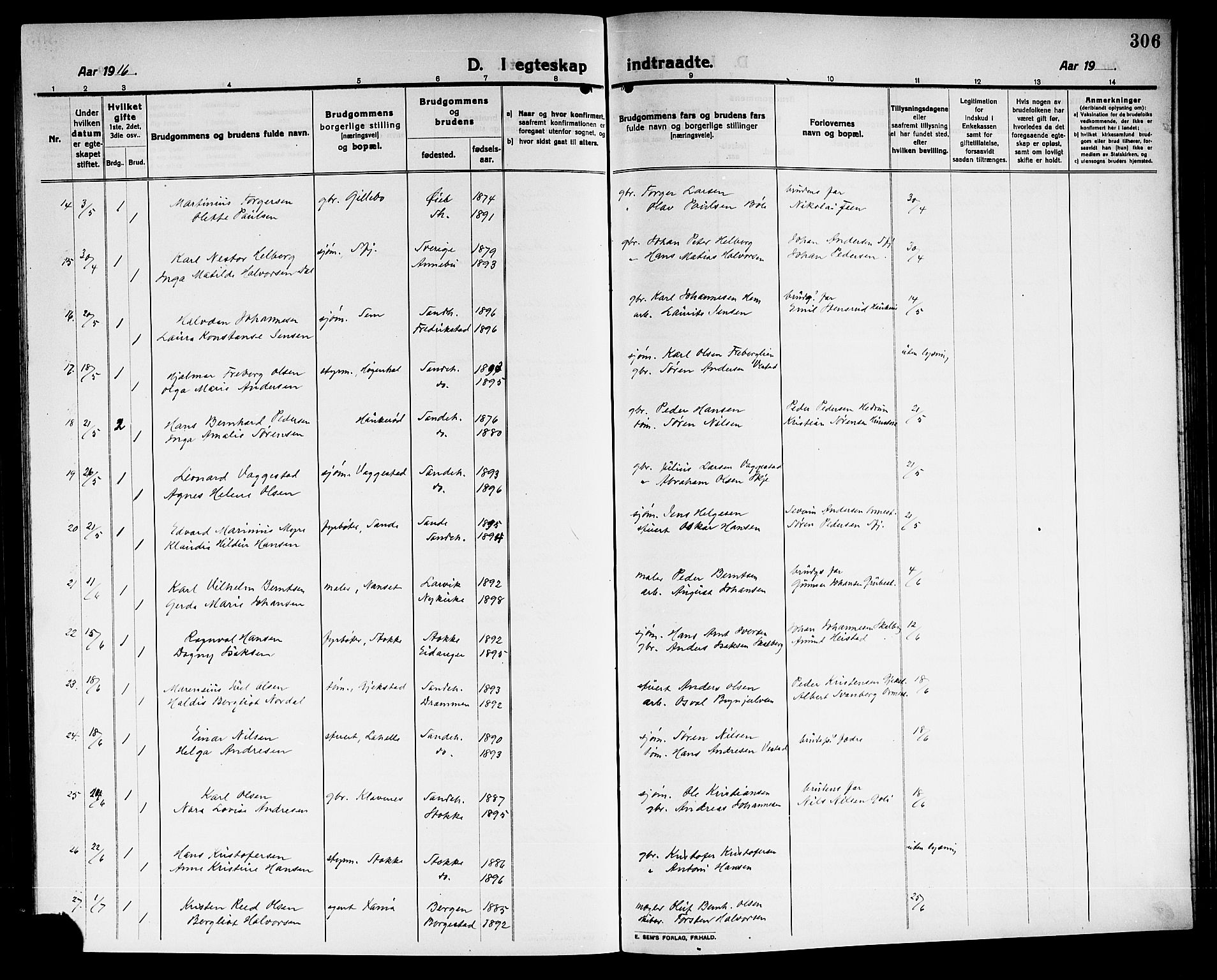 Sandar kirkebøker, AV/SAKO-A-243/G/Ga/L0003: Klokkerbok nr. 3, 1916-1922, s. 306