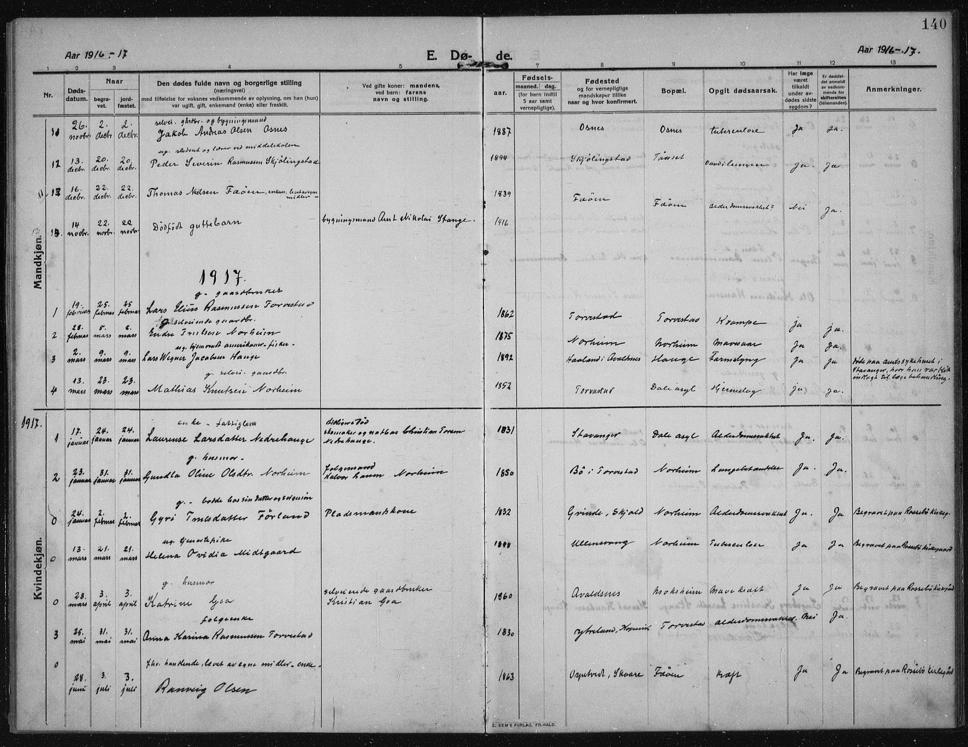 Torvastad sokneprestkontor, AV/SAST-A -101857/H/Ha/Haa/L0019: Ministerialbok nr. A 18, 1912-1920, s. 140
