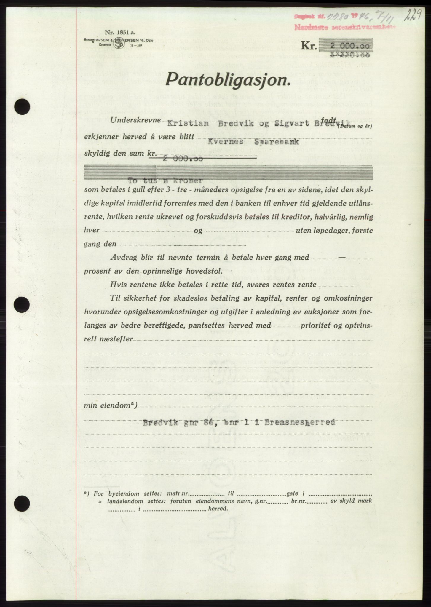 Nordmøre sorenskriveri, AV/SAT-A-4132/1/2/2Ca: Pantebok nr. B95, 1946-1947, Dagboknr: 2280/1946