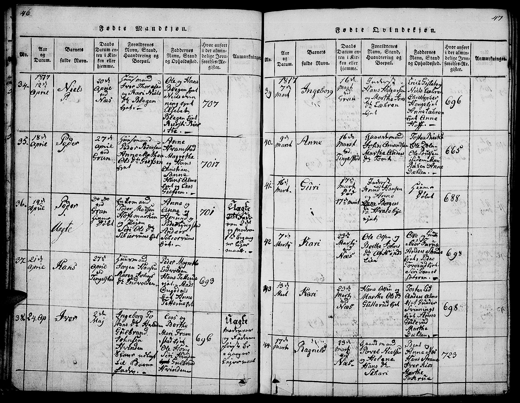 Gran prestekontor, AV/SAH-PREST-112/H/Ha/Hab/L0001: Klokkerbok nr. 1, 1815-1824, s. 46-47