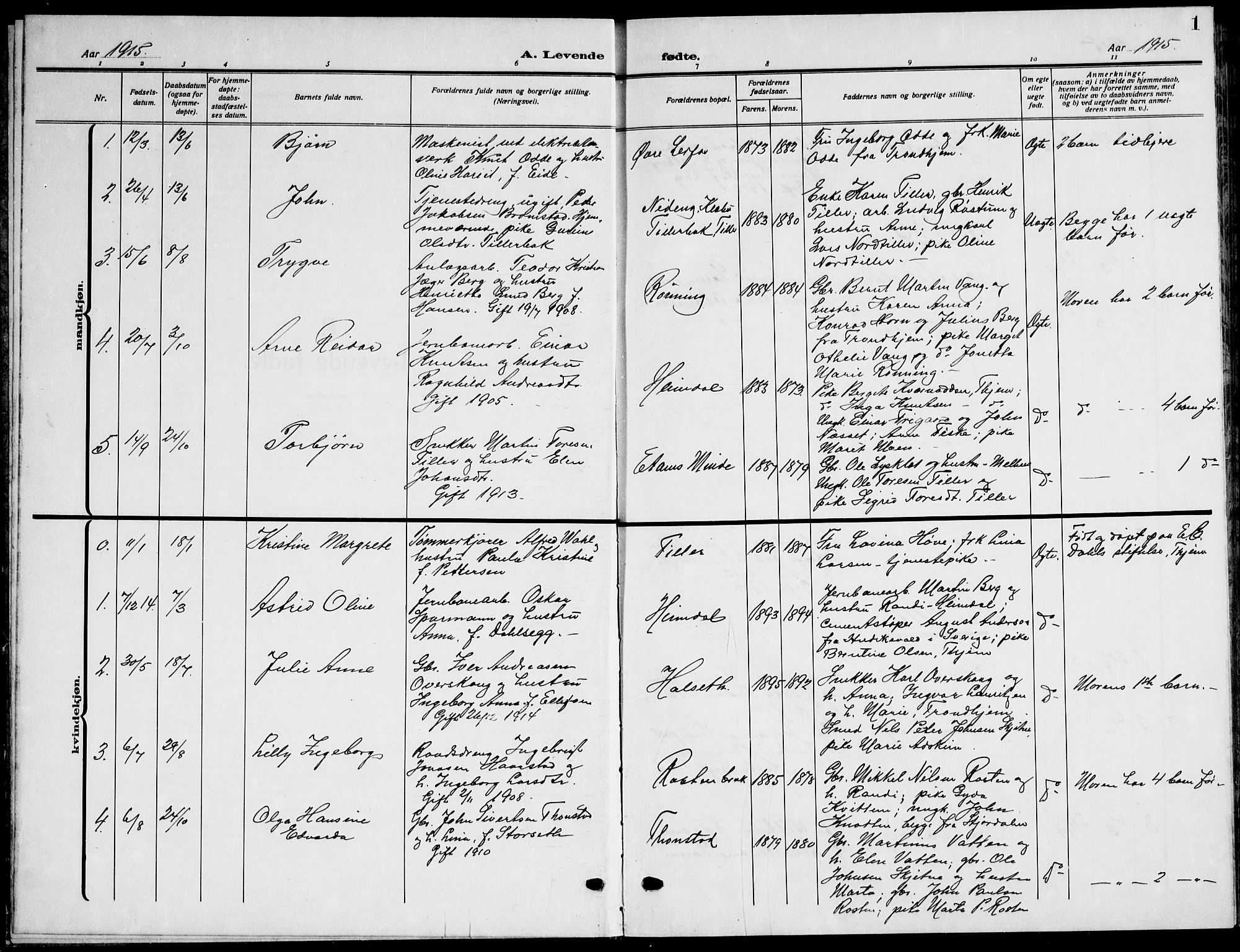 Ministerialprotokoller, klokkerbøker og fødselsregistre - Sør-Trøndelag, AV/SAT-A-1456/621/L0462: Klokkerbok nr. 621C05, 1915-1945, s. 1