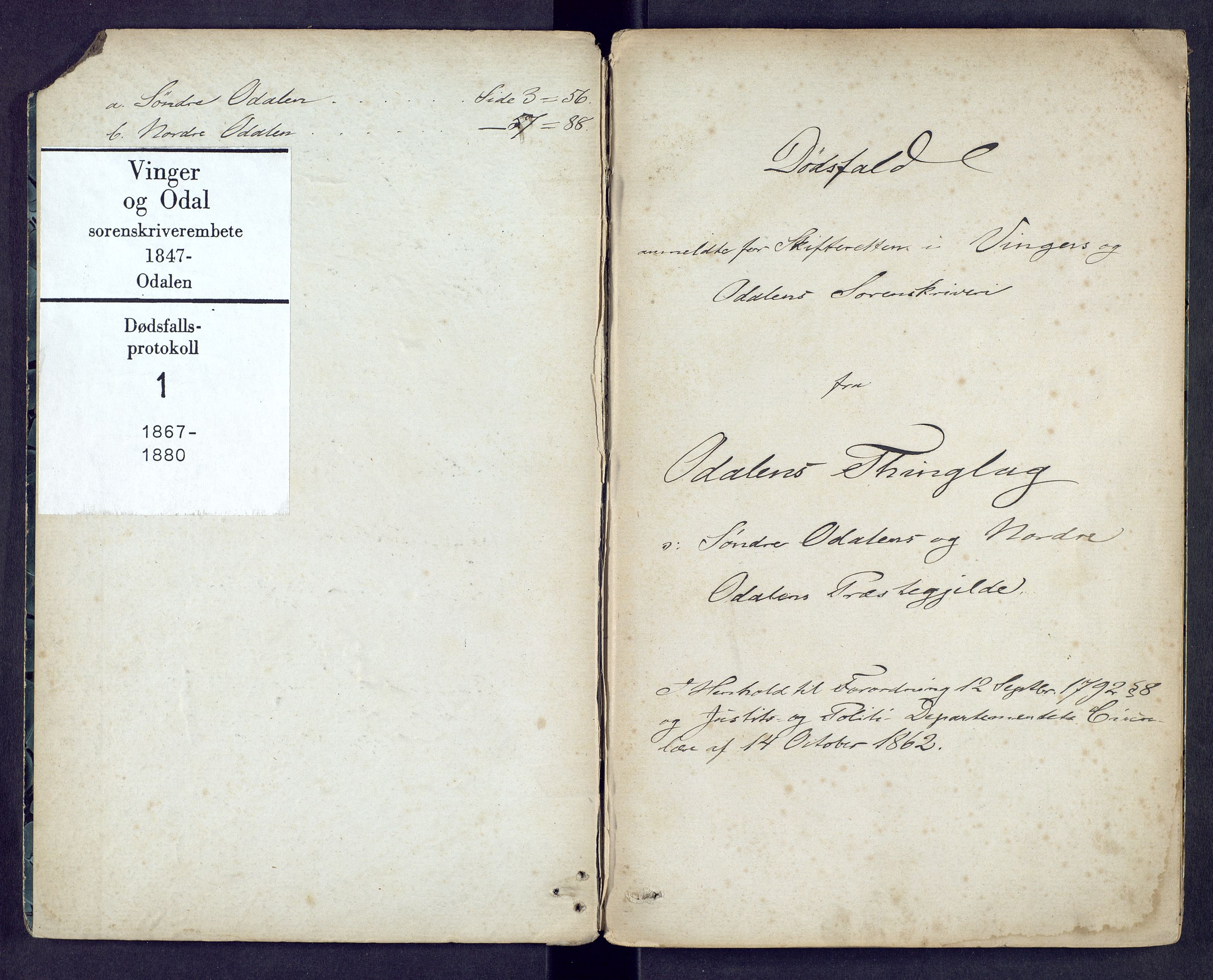 Vinger og Odal sorenskriveri, AV/SAH-TING-022/J/Jf/L0001: Dødsfallsprotokoll - Odal, 1867-1880, s. 1