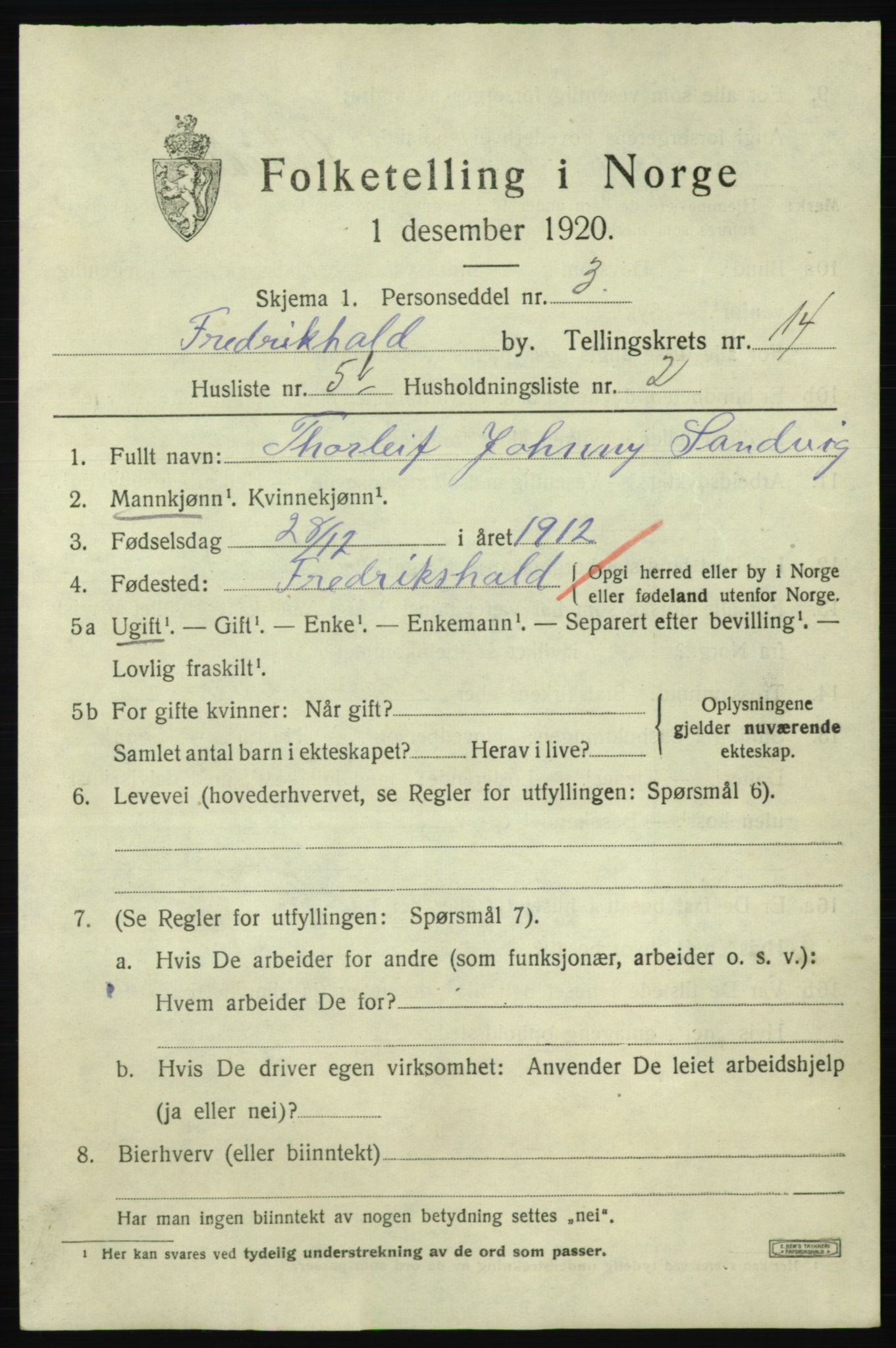 SAO, Folketelling 1920 for 0101 Fredrikshald kjøpstad, 1920, s. 22311