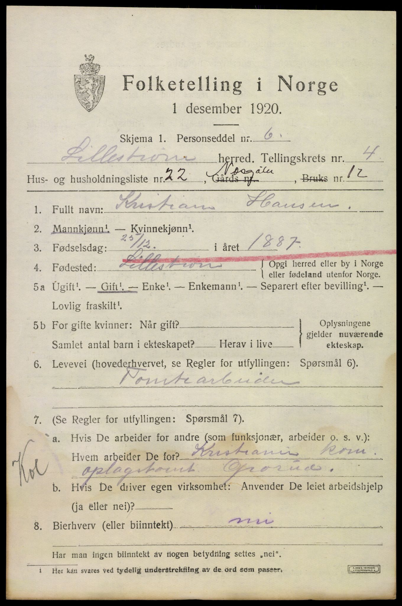 SAO, Folketelling 1920 for 0232 Lillestrøm herred, 1920, s. 11588