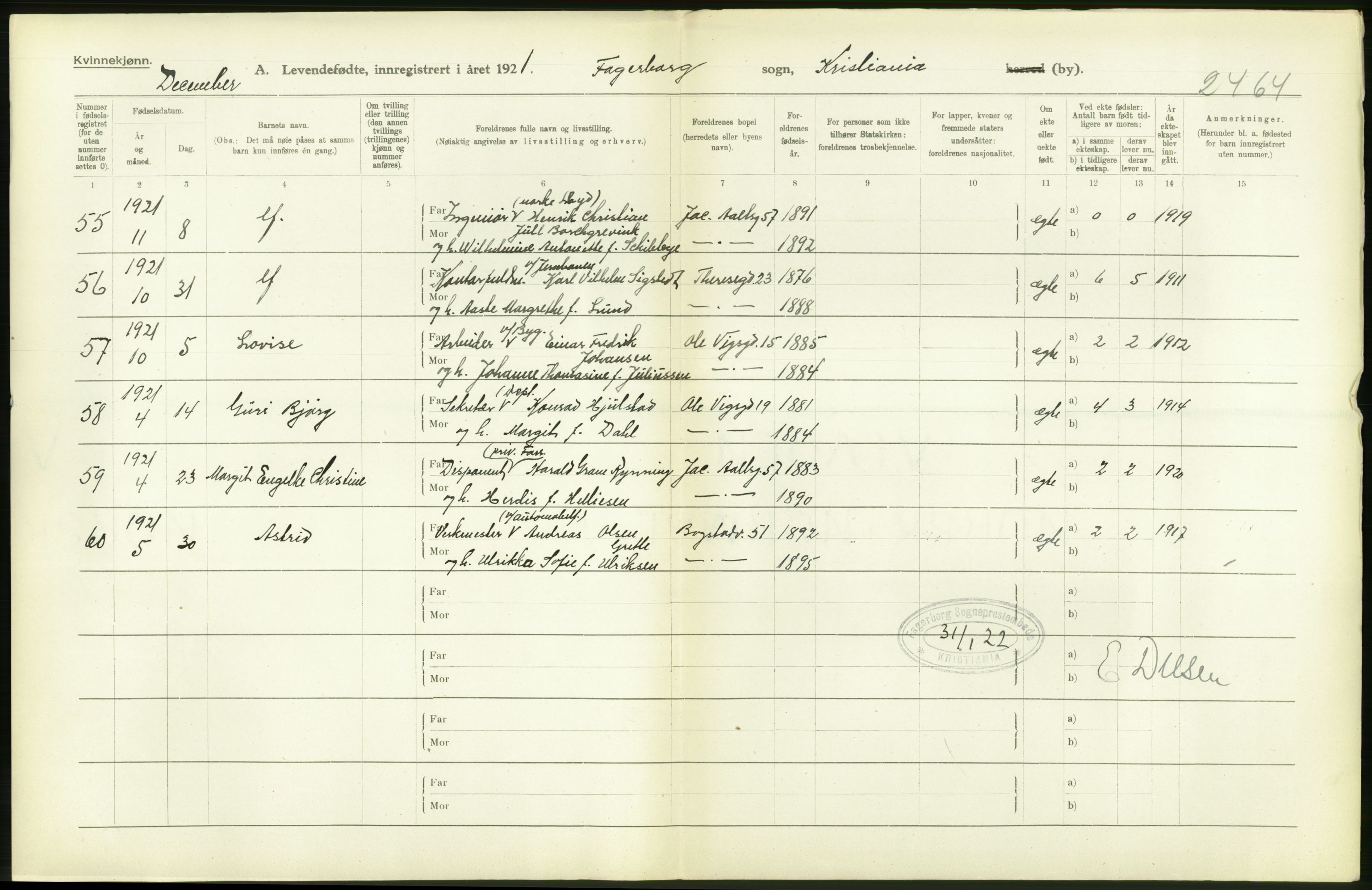 Statistisk sentralbyrå, Sosiodemografiske emner, Befolkning, RA/S-2228/D/Df/Dfc/Dfca/L0010: Kristiania: Levendefødte menn og kvinner., 1921, s. 50