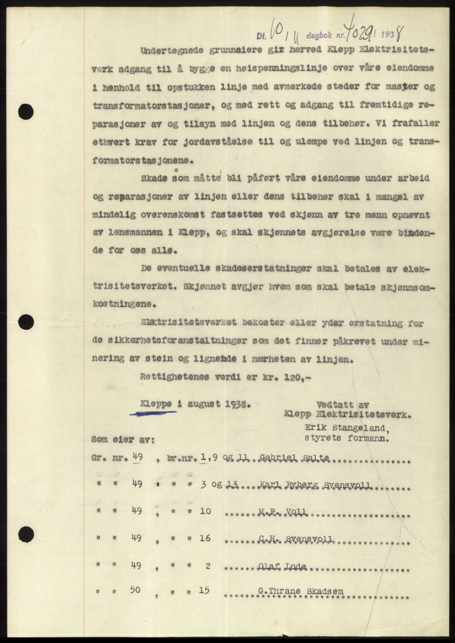 Jæren sorenskriveri, SAST/A-100310/03/G/Gba/L0072: Pantebok, 1938-1938, Dagboknr: 4029/1938