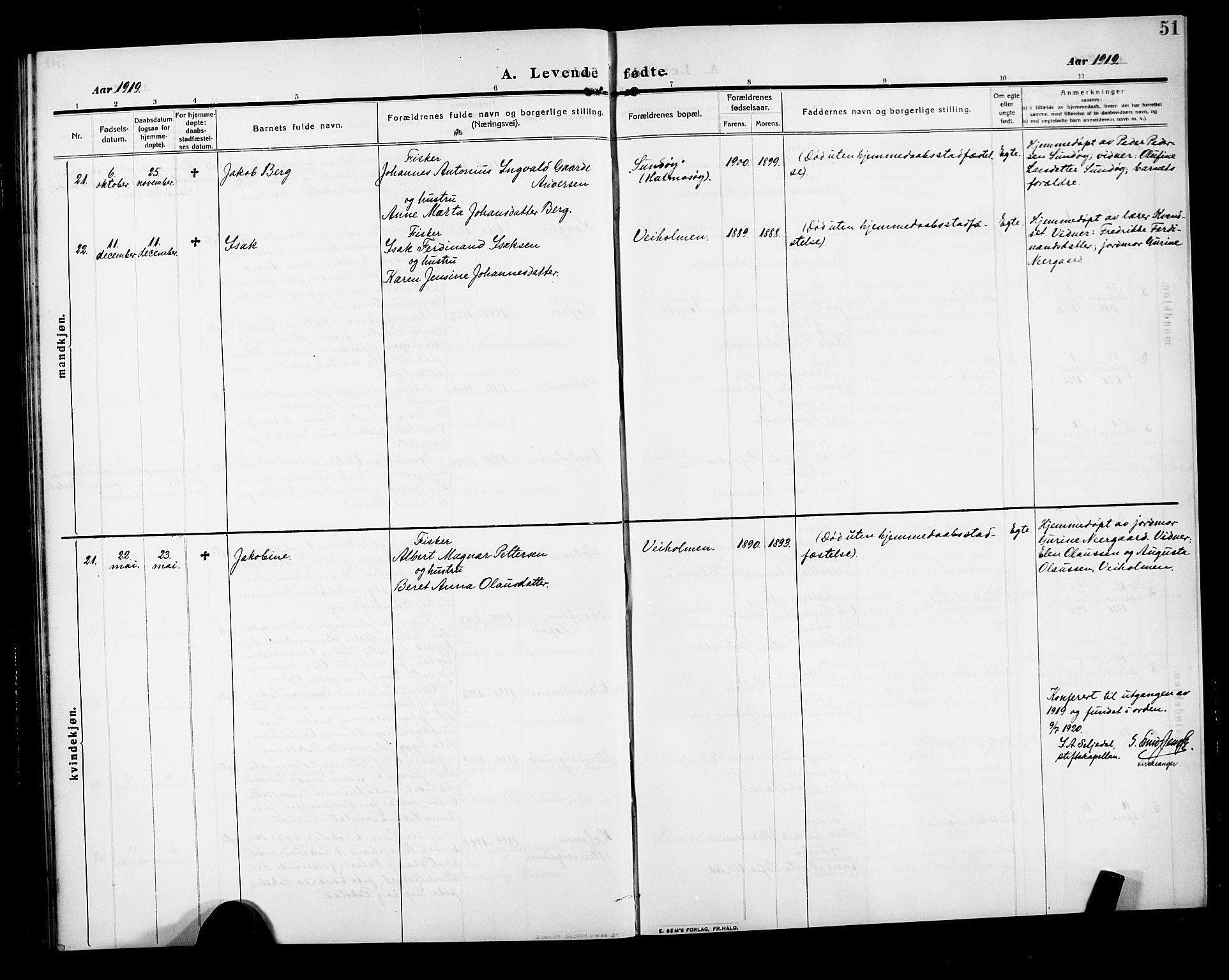 Ministerialprotokoller, klokkerbøker og fødselsregistre - Møre og Romsdal, AV/SAT-A-1454/583/L0956: Klokkerbok nr. 583C01, 1909-1925, s. 51