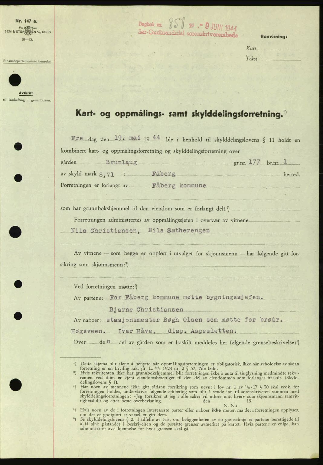 Sør-Gudbrandsdal tingrett, SAH/TING-004/H/Hb/Hbd/L0013: Pantebok nr. A13, 1944-1944, Dagboknr: 857/1944