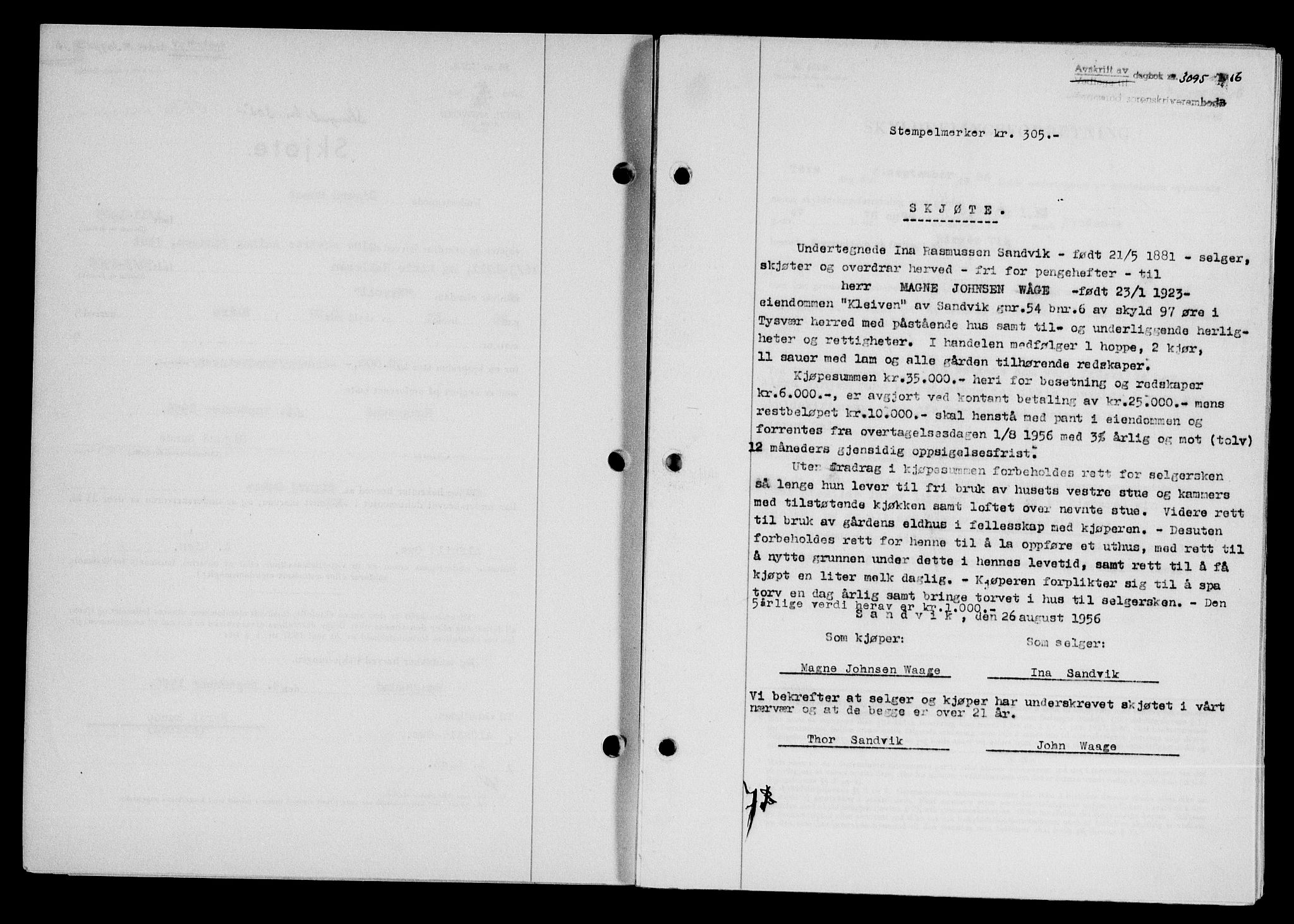Karmsund sorenskriveri, SAST/A-100311/01/II/IIB/L0121: Pantebok nr. 101A, 1956-1956, Dagboknr: 3095/1956