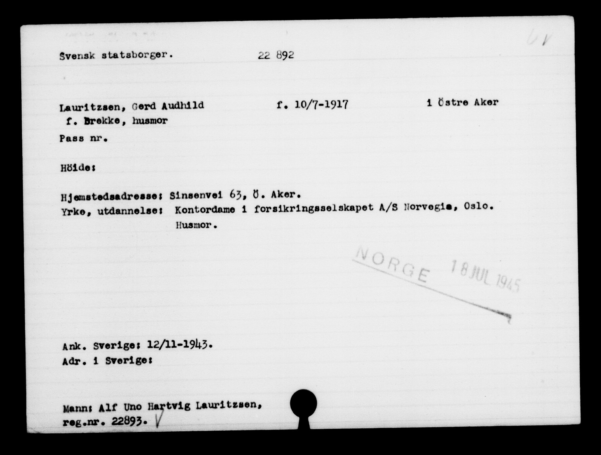 Utenriksstasjonene, Legasjonen i Stockholm, Flyktningkontoret, AV/RA-S-6753/V/Va/L0010: Kjesäterkartoteket, flyktninger med registreringsnr. 22000-25314, 1940-1945, s. 970