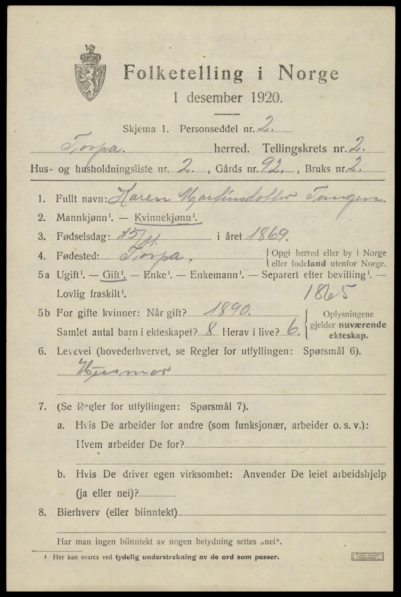 SAH, Folketelling 1920 for 0539 Torpa herred, 1920, s. 1669