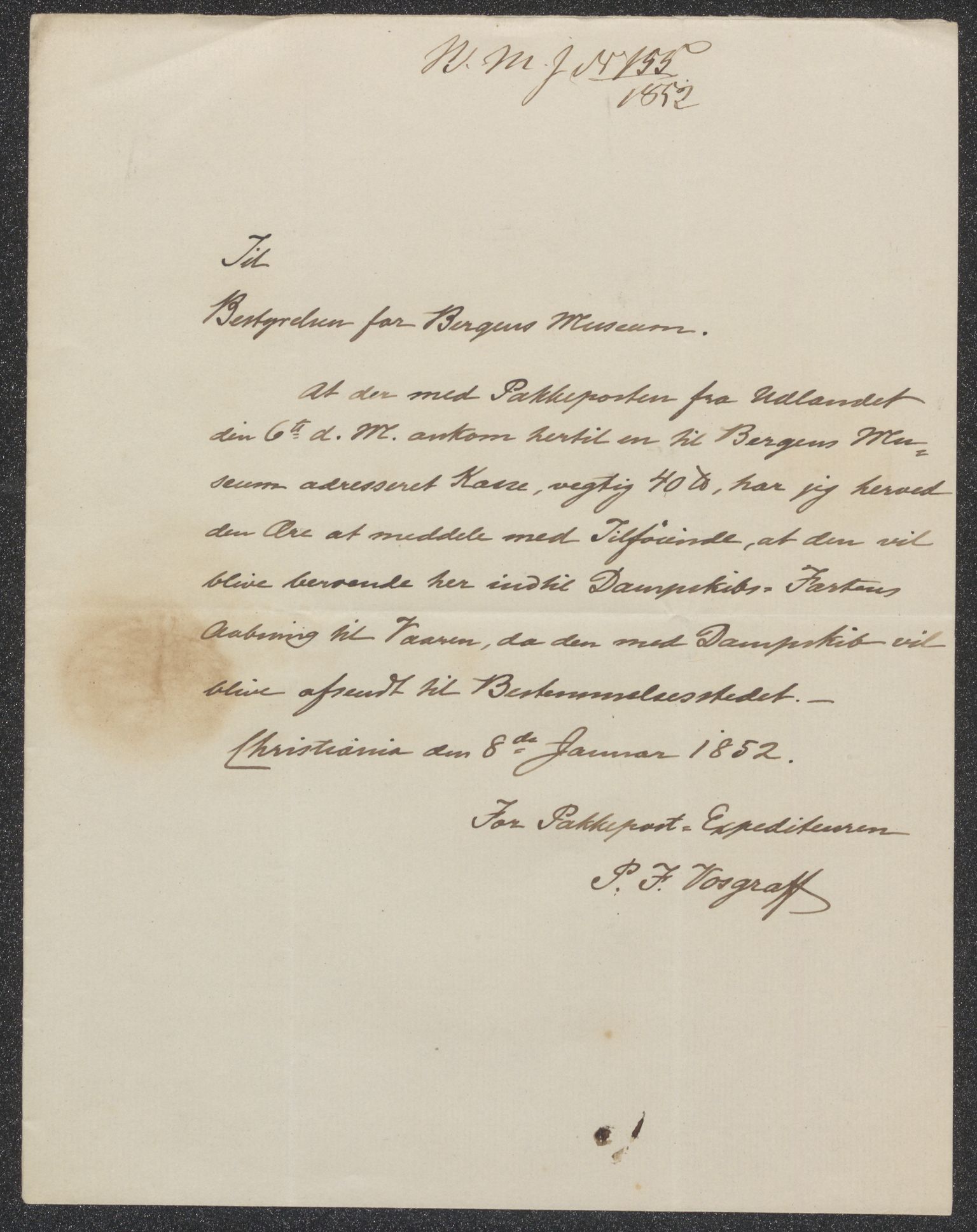 Bergens Museum. Direksjonen/ styret, UMB/A007/D/Db/L0001/0003: Innkommende brev 1850 -1854 / Innkommende brev, 1852